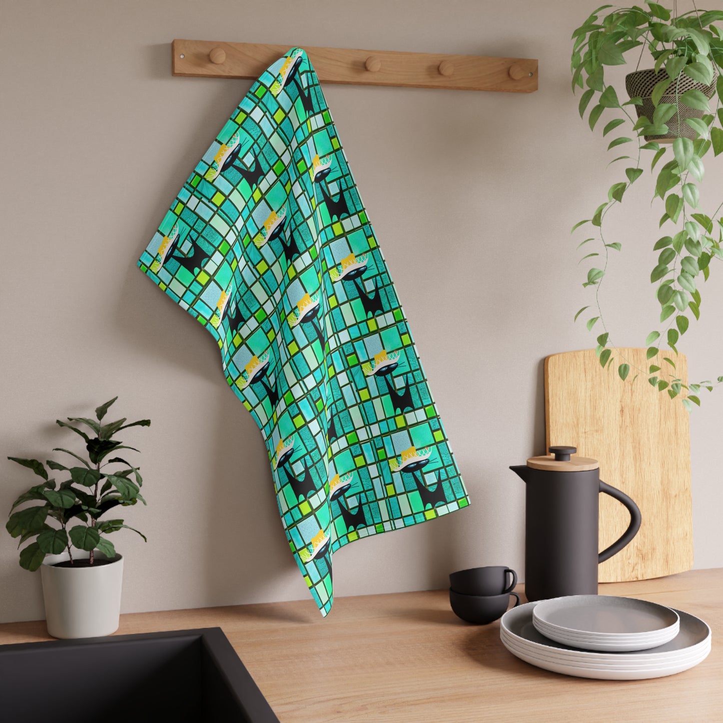 Midcentury Modern Atomic Black Vacay Cat Ocean Colors Tile Pattern Decorative Kitchen Tea Towel/Bar Towel