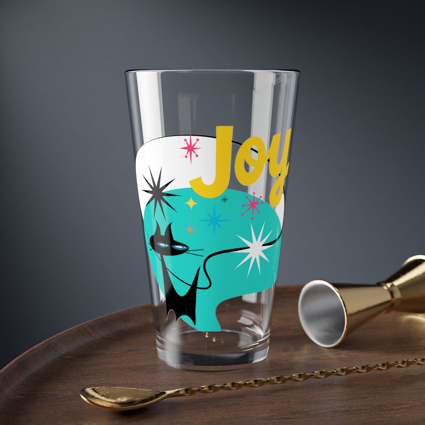 Joy Midcentury Modern Atomic Black Cat Cocktail Party Beverage Entertaining Mixing Glass, 16oz