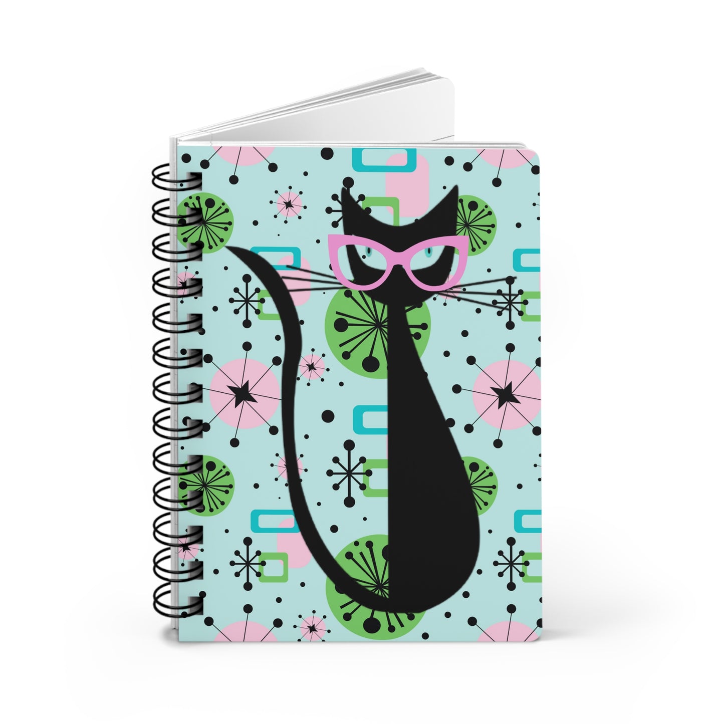 Vintage Pink Cat Eyes Midcentury Modern Atomic Cat Writing Sketch Inspiration Spiral Bound Journal