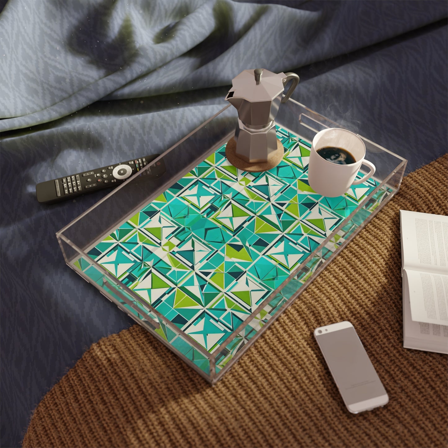 Cancun Vacation Midcentury Modern Tile Turquoise and Green Geometric Pattern Patio Summertime Outdoor Party Acrylic Serving Tray