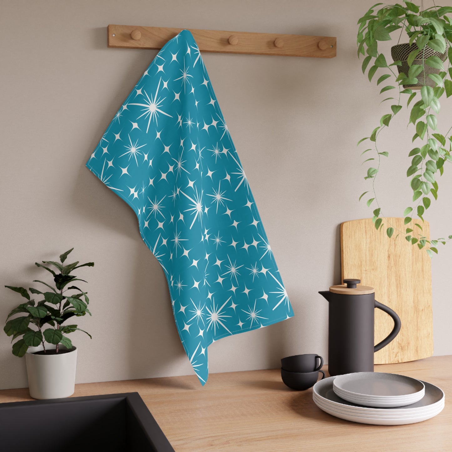Midcentury Modern Stars Teal Pattern Decorative Kitchen Tea Towel/Bar Towel