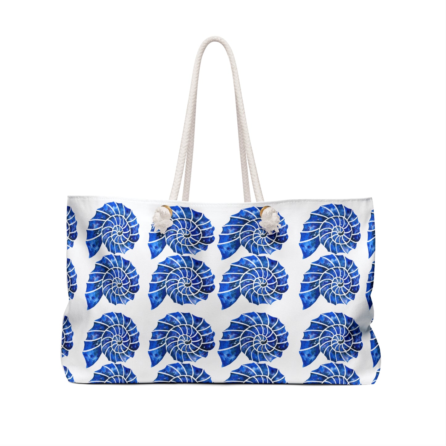 Blue and White Nautilus Shell Ocean Coastal Pattern Decorative Travel Shopper Market Beach Weekender Bag
