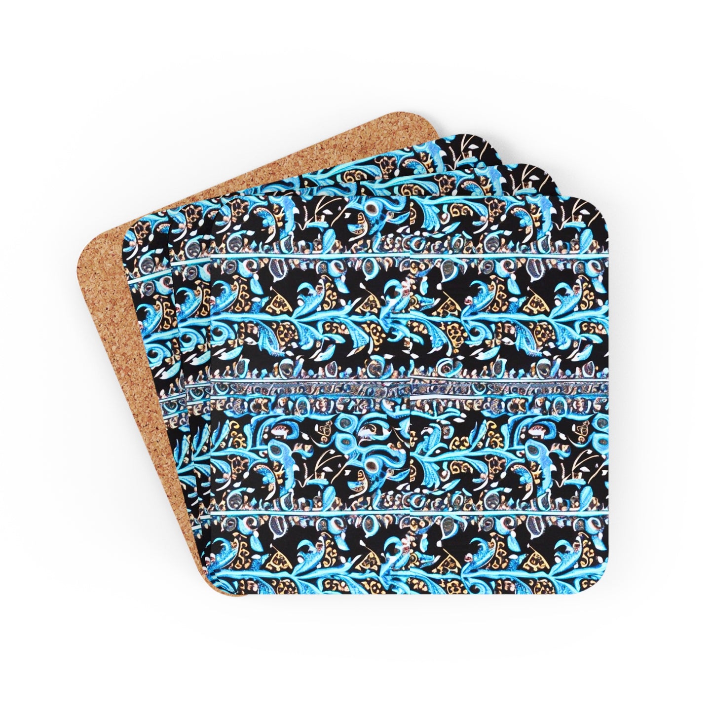 Coast of Mauritius Cloth Pattern Blue Turquoise Batik Cocktail Party Beverage Entertaining Corkwood Coaster Set