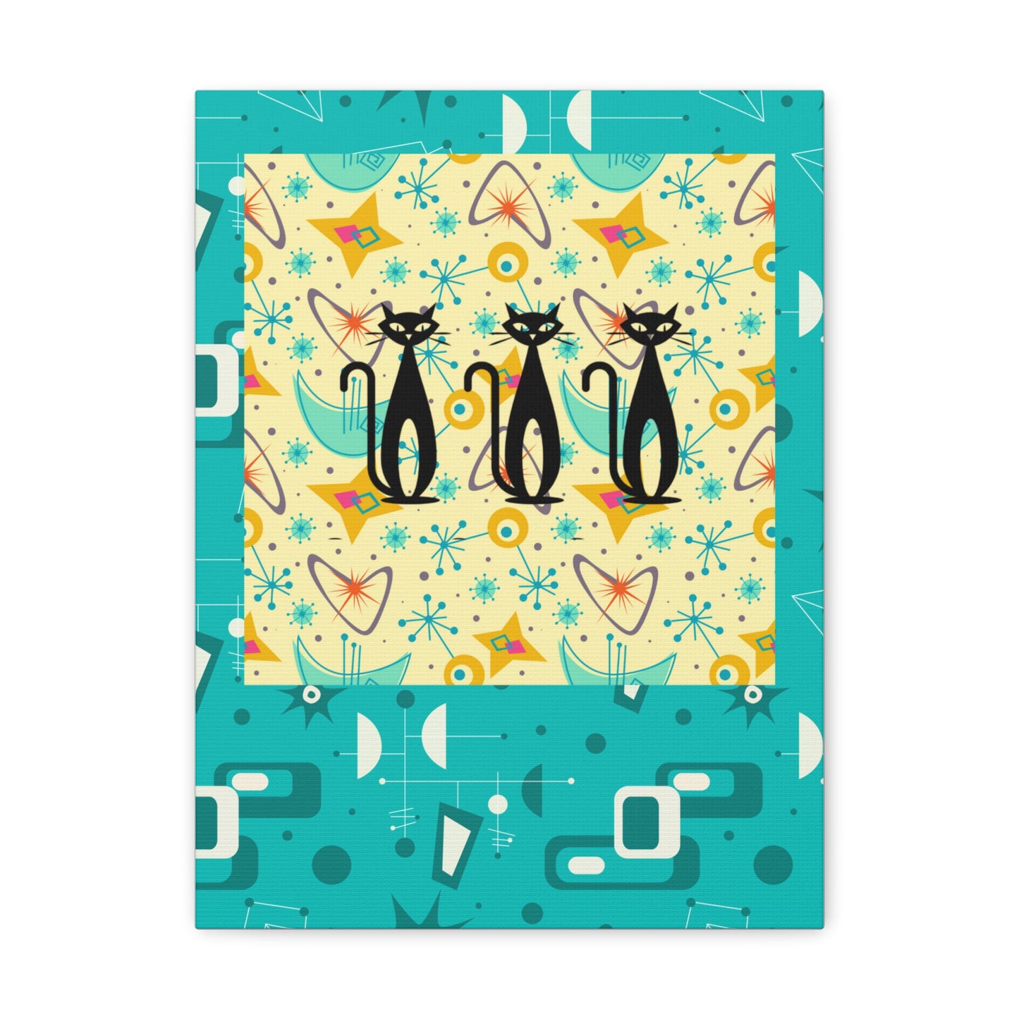 Triple Kitties Midcentury Modern Aqua Children Nursery Playroom Original Art Canvas Gallery Wraps