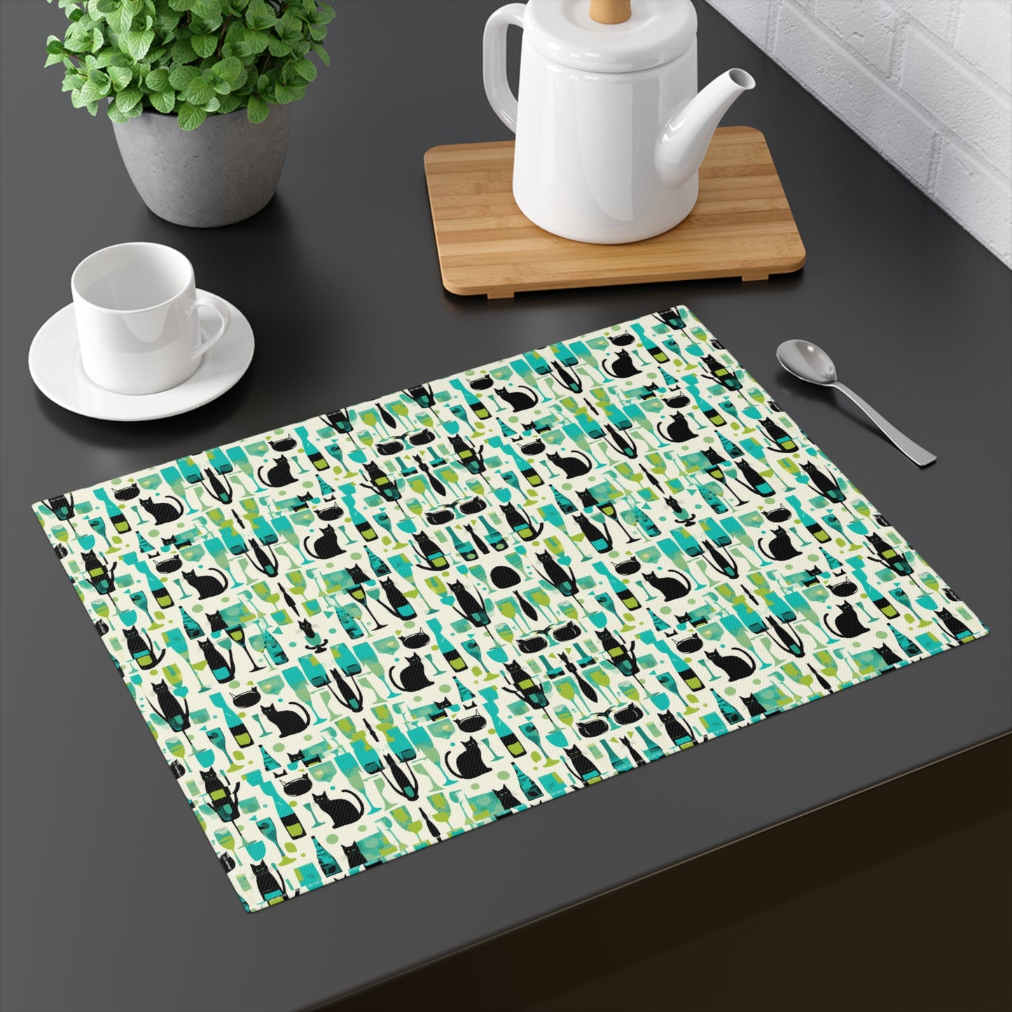 Cocktail Time Darling Midcentury Modern Atomic Black Cat Pattern Dining Decorative Tablescape Design Placemat, 1pc