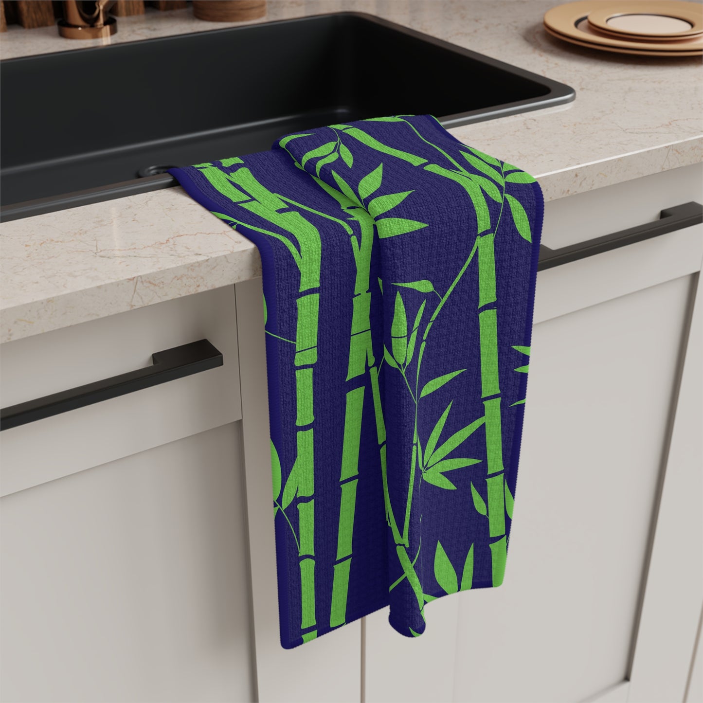 Bamboo Zen Meditation Garden Midnight Blue/Black Kitchen Decorative Waffle Microfiber Tea Towel/Bar Towel