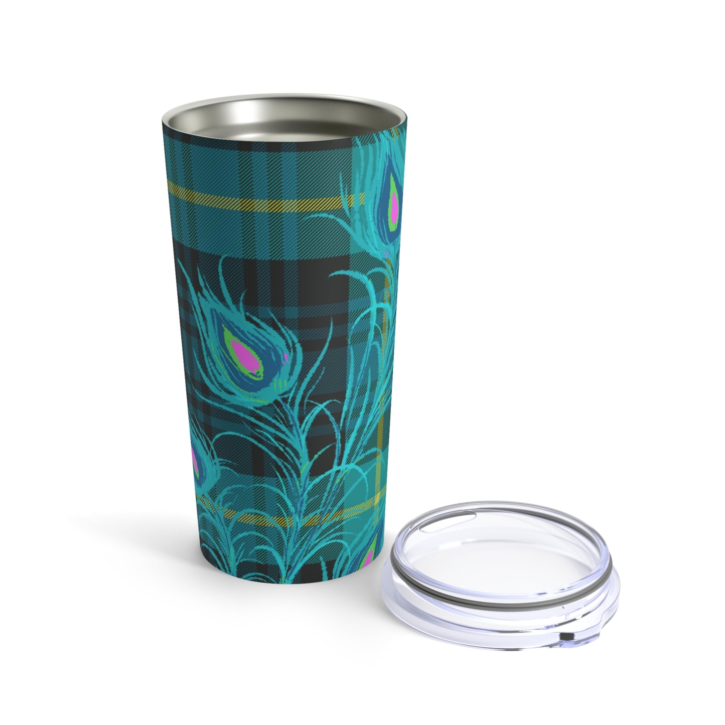 Tartan Plaid Peacock Feather Hot Cold Beverage Travel Tumbler 20oz