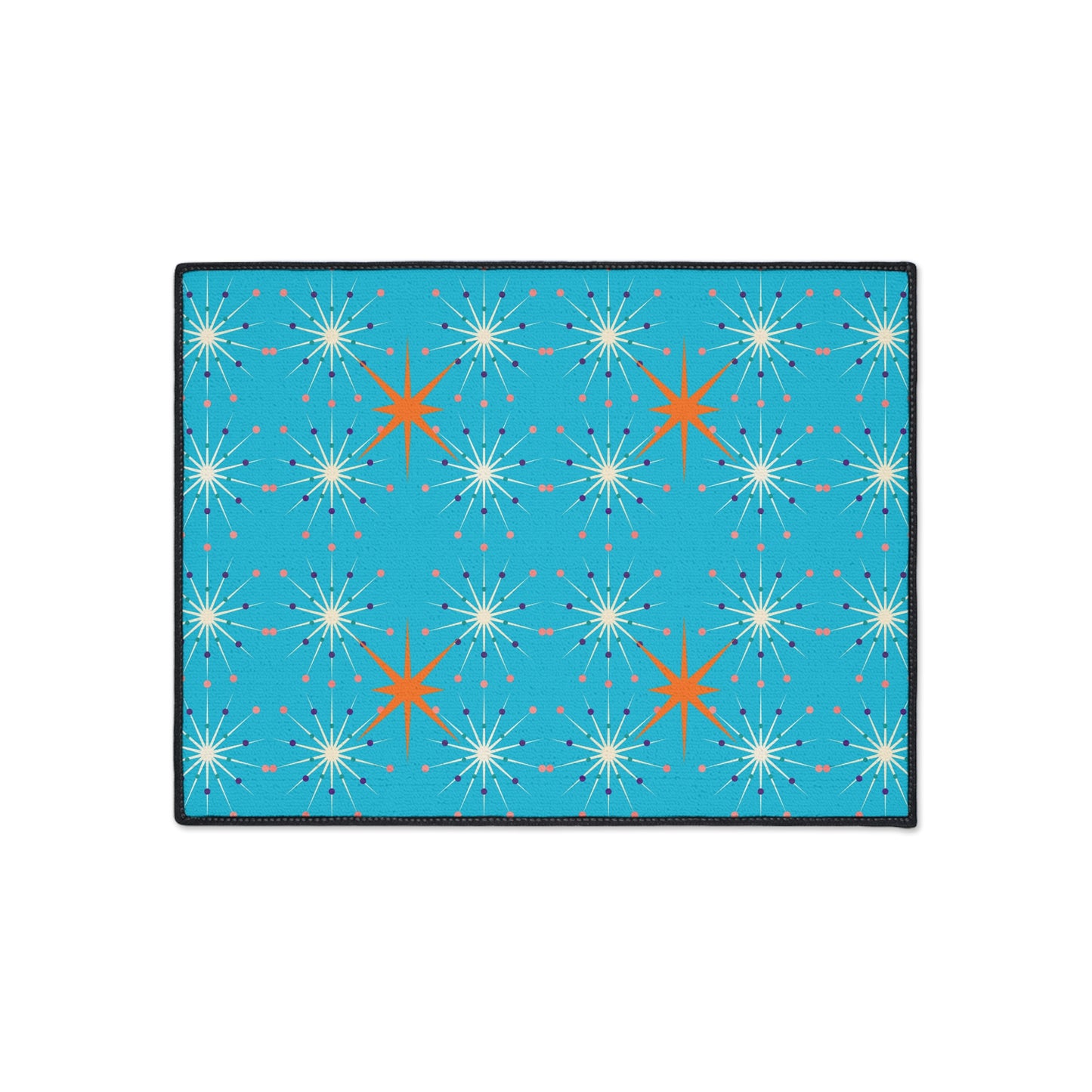 Midcentury Modern Atomic Stars Turquoise Pattern Decorative Indoor Outdoor Heavy Duty Floor Mat