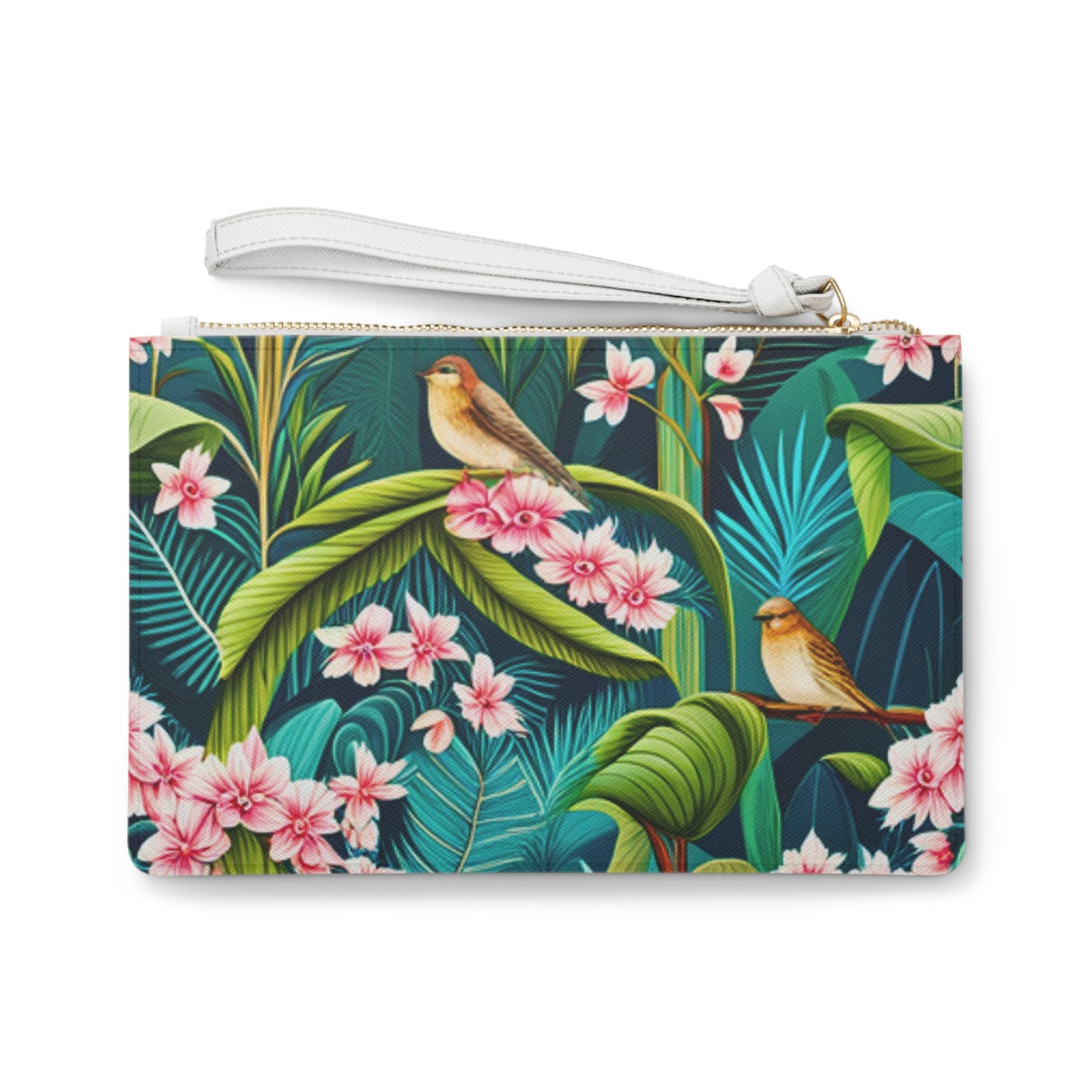 Aqua Tropical Rainforest Pink Orchids Birds Wood Block Print Errands Evening Pouch Clutch Bag