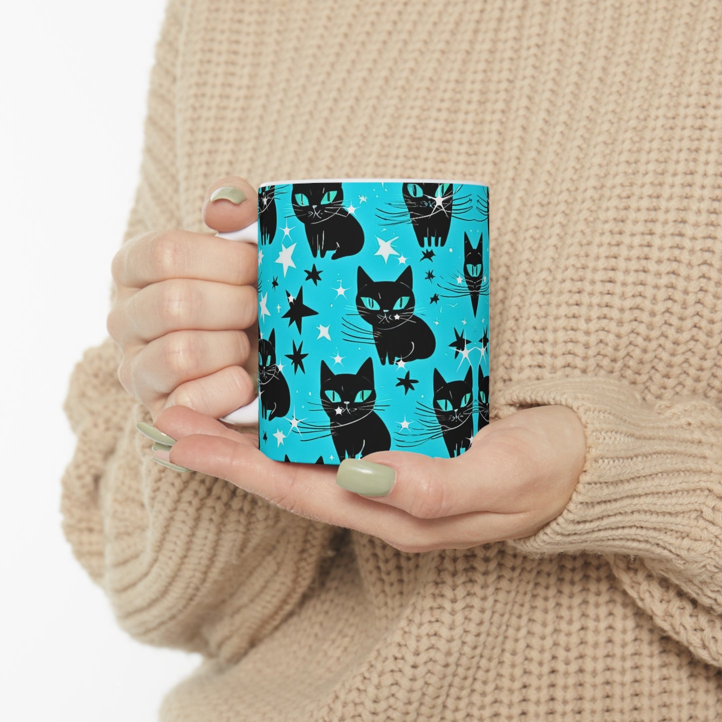 Dynamic Stars Midcentury Modern Black Cat Hot Beverage Coffee Tea Ceramic Mug 11oz