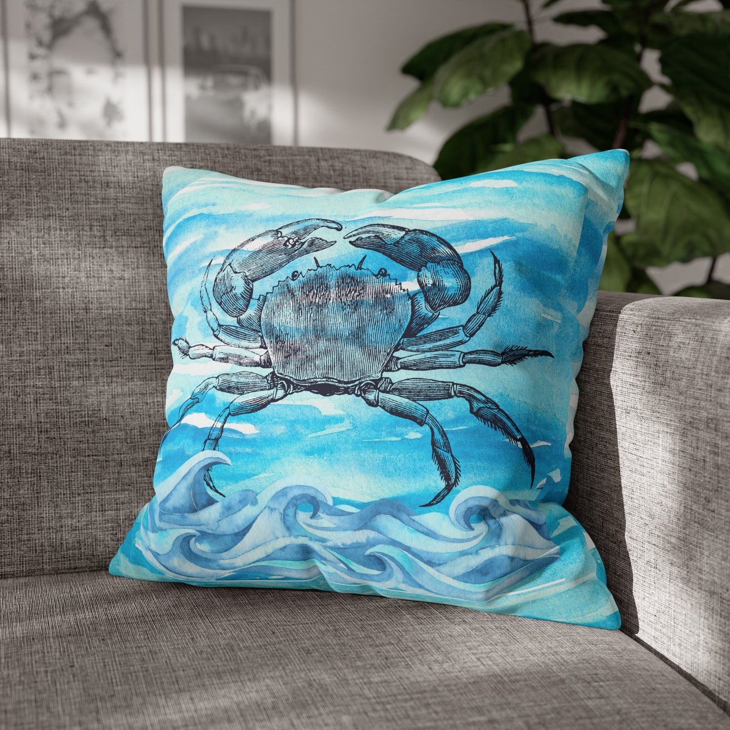 Coastal Summer Crab Watercolor Square Poly Canvas Pillow Cover