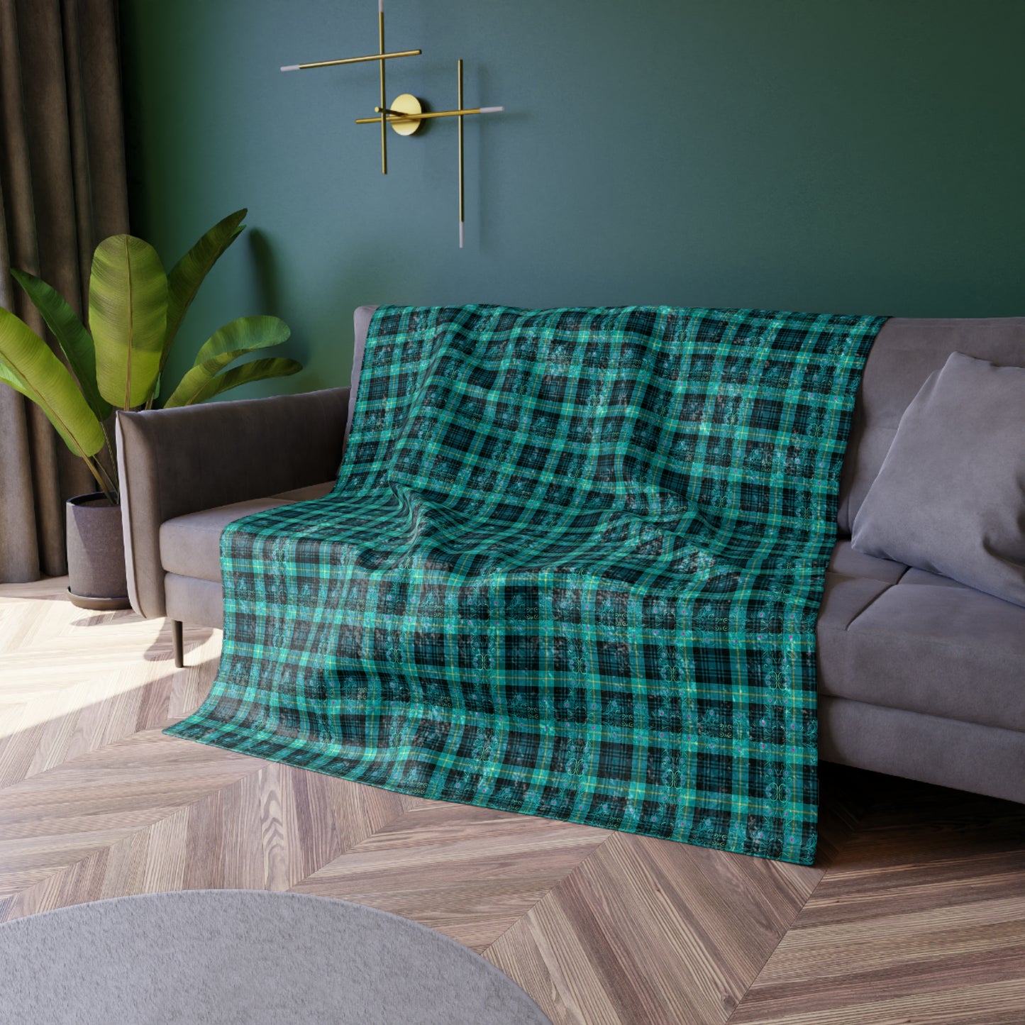 Tartan Plaid Peacock Feather Seasonal Winter Fall Cozy Warm Lounge Decorative Shimmer Crushed Velvet Blanket