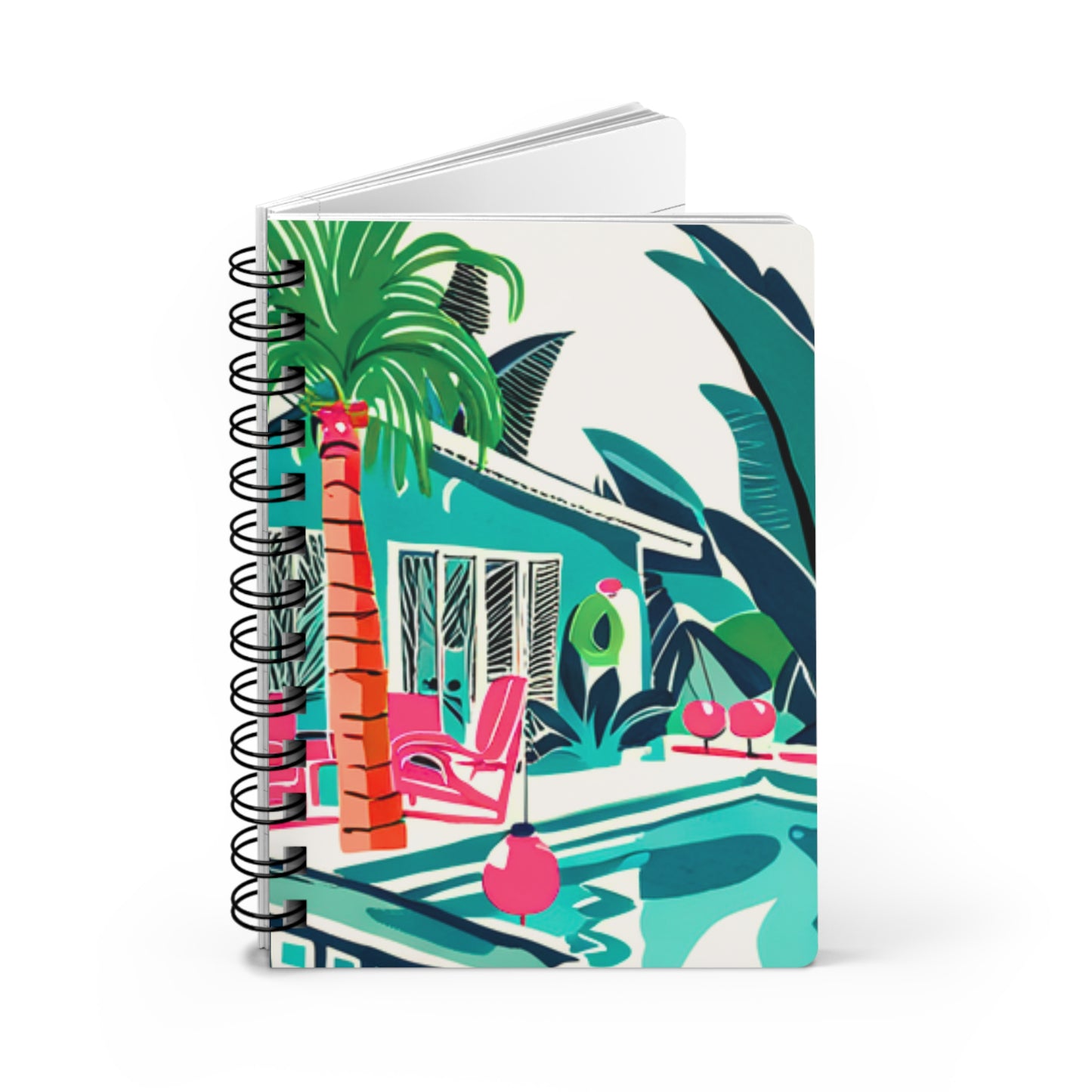 Miami Winter Poolside Midcentury Modern Palm Trees Tropical Flowers 1950 Vintage Illustration Writing Sketch Spiral Bound Journal