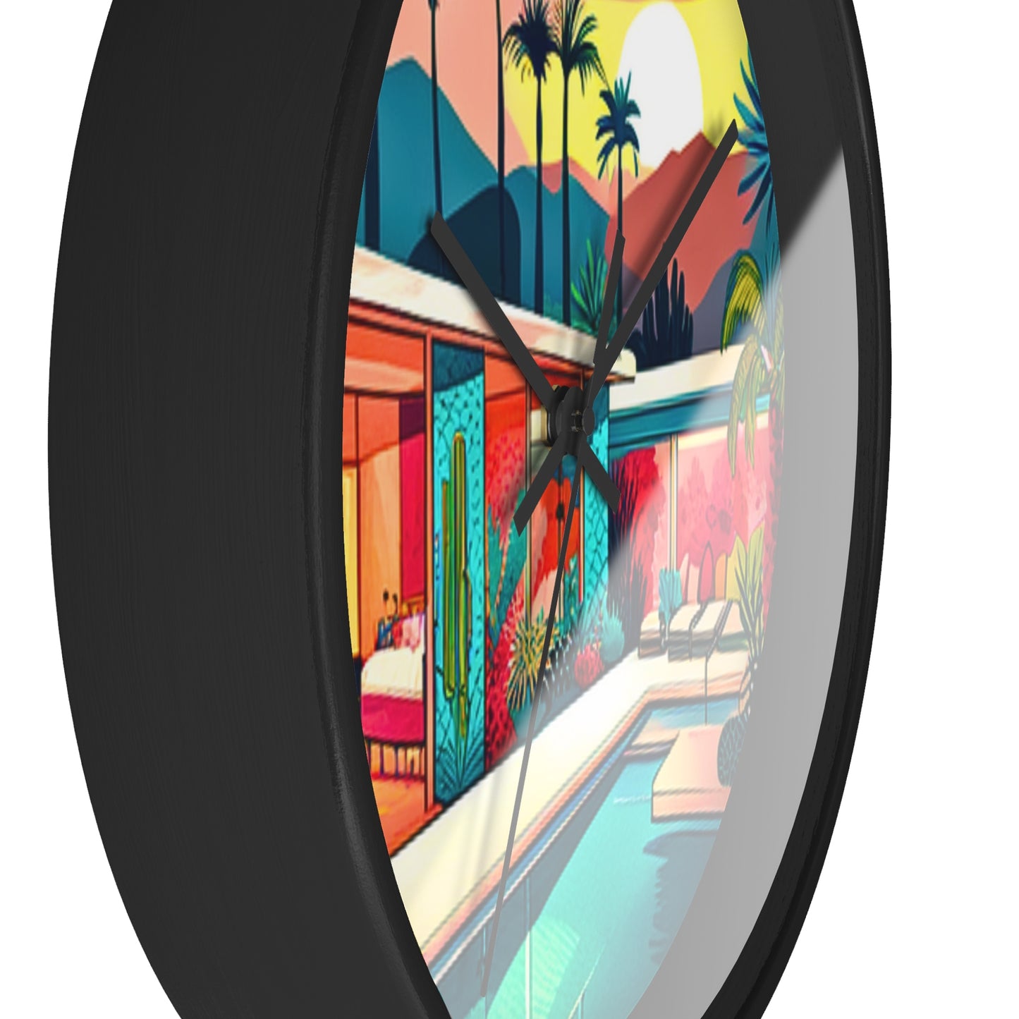 Palm Springs Patio Darling Cocktails Poolside Desert Palm Trees Cactus Midcentury Modern Kitchen Wall Clock