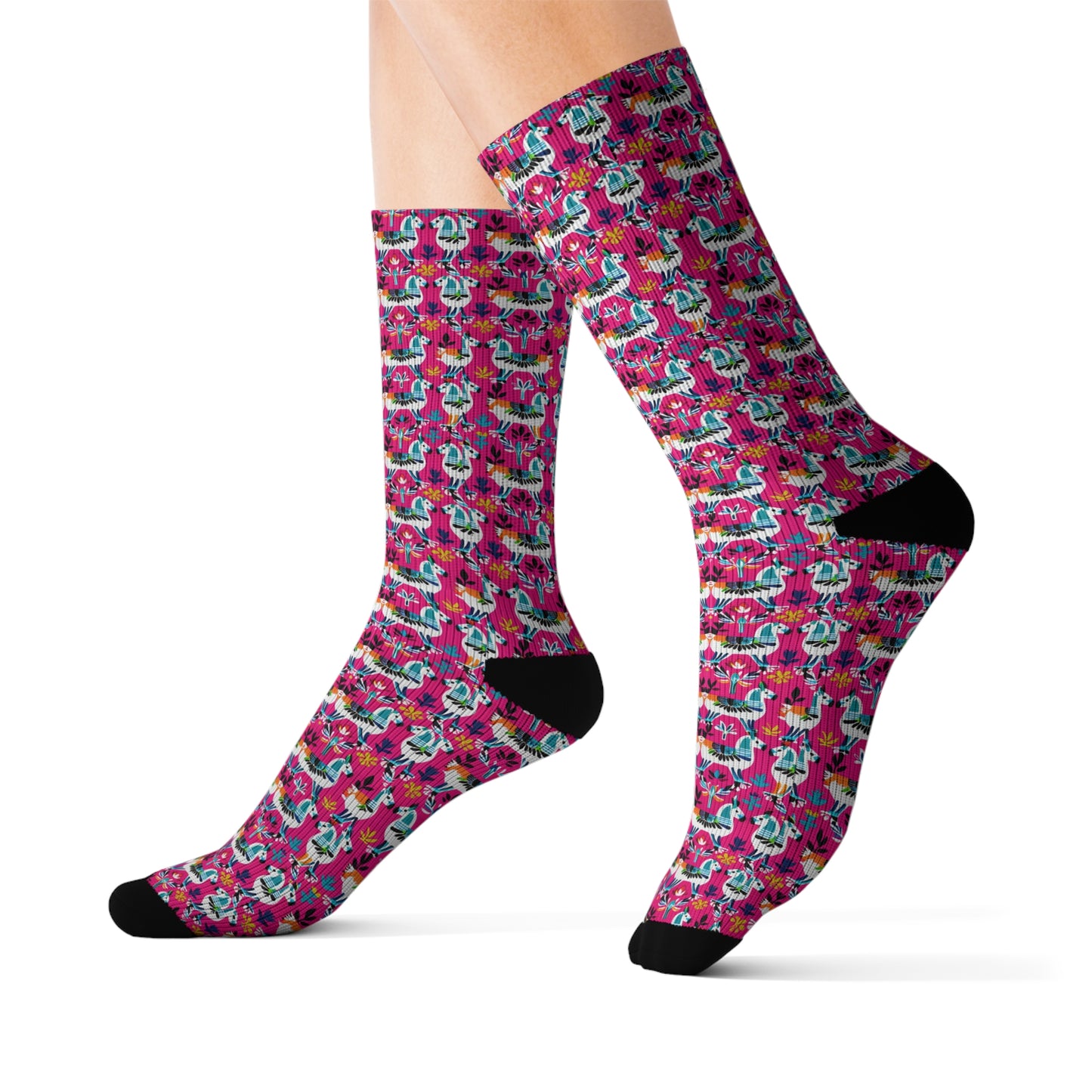 Hot Pink Llamas Otomi Mexican Indian Folk Art Sublimation Socks
