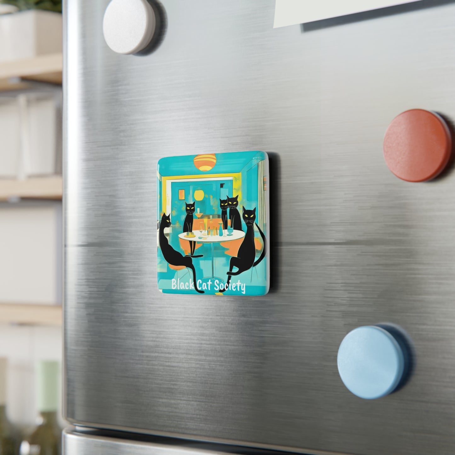 Black Cat Society Midcentury Modern Atomic Cat Cocktail Porcelain Magnet, Square