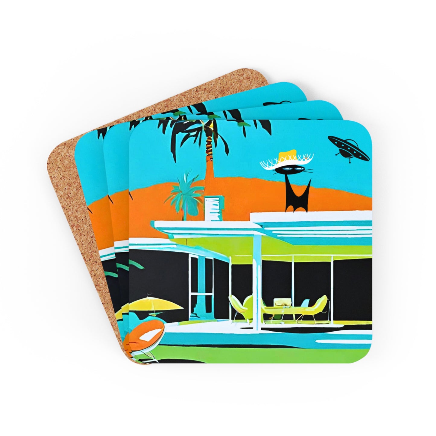 Palm Springs Desert Vacation Black Atomic Cat Spaceship Aliens Midcentury Modern Cocktail Party Corkwood Coaster Set