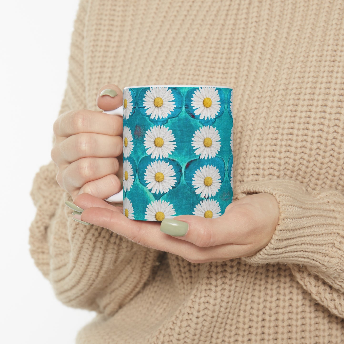 SageDaisy Living Logo Turquoise Arabesque Tile Pattern Hot Beverage Coffee Tea Decorative Ceramic Mug 11oz