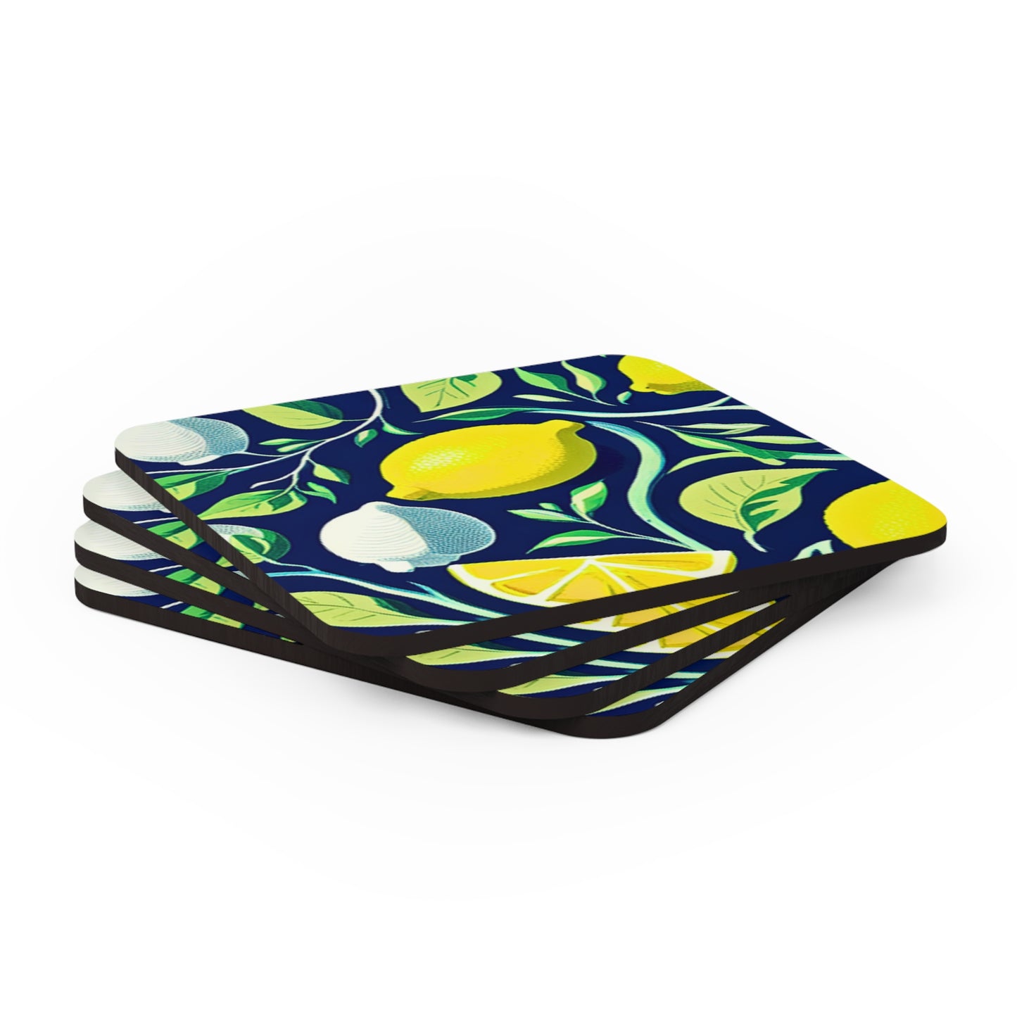Italian Lemon Zest Botanical Illustration Pattern Cocktail Party Beverage Entertaining Corkwood Coaster Set
