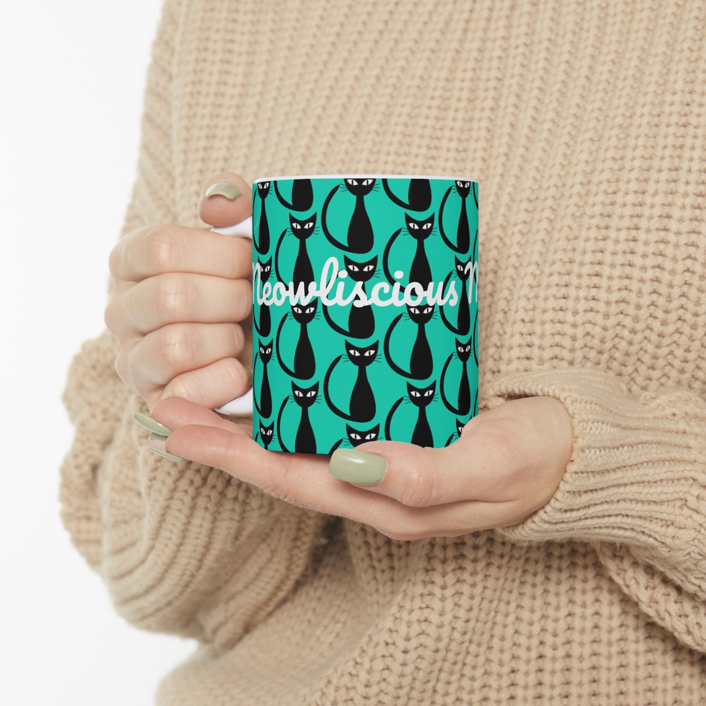 Meowliscious Midcentury Modern Atomic Black Cat Teal Hot Beverage Coffee Tea Ceramic Mug 11oz