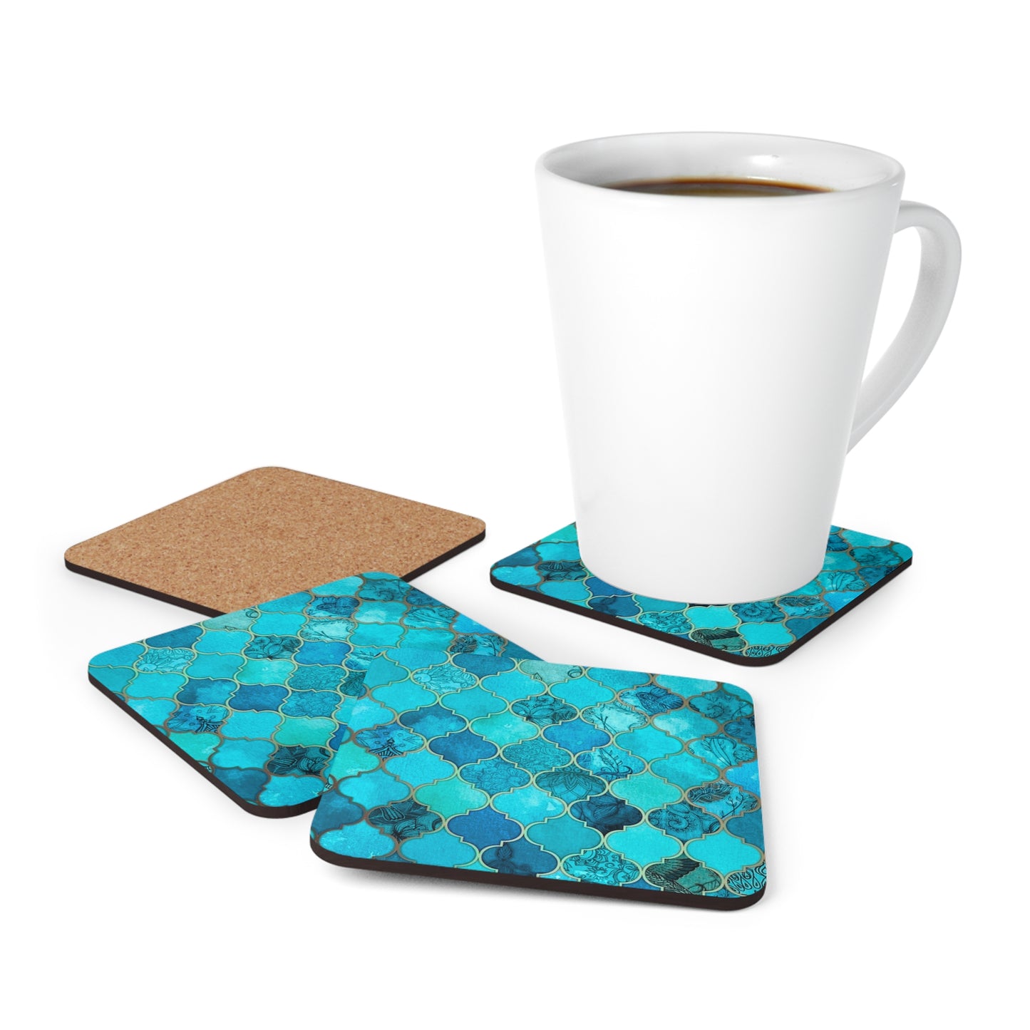 Teal and Turquoise Arabesque Tile Marrakech Moroccan Holiday Christmas Entertaining Corkwood Coaster Set
