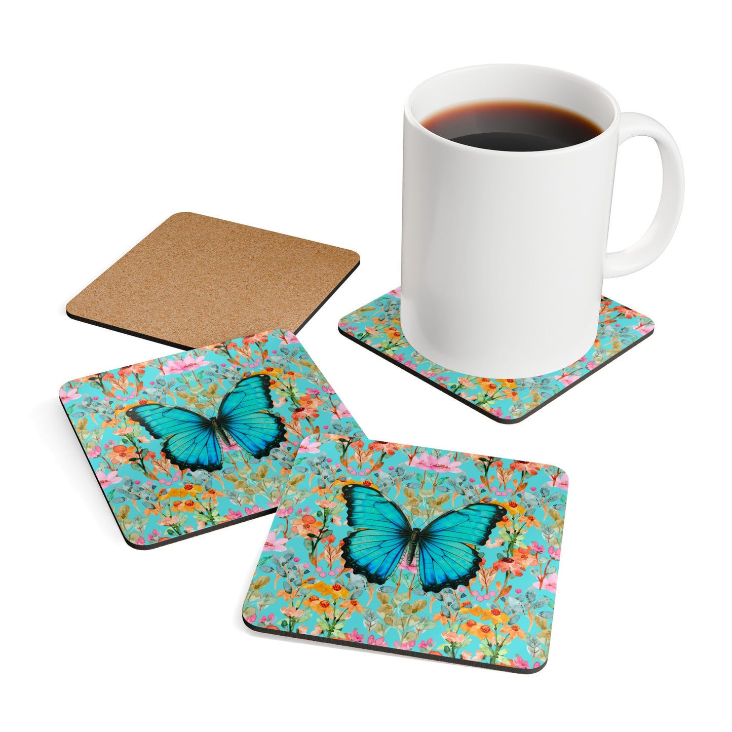 Wildflower Fields Turquoise Cocktail Beverage Corkwood Coaster Set