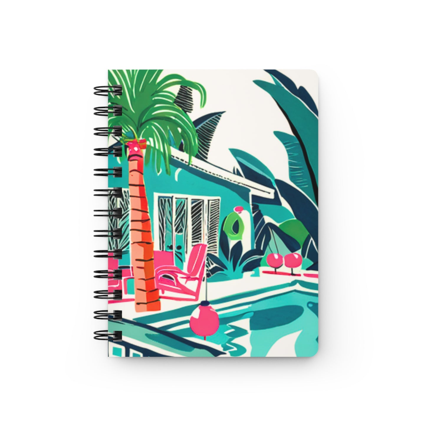 Miami Winter Poolside Midcentury Modern Palm Trees Tropical Flowers 1950 Vintage Illustration Writing Sketch Spiral Bound Journal