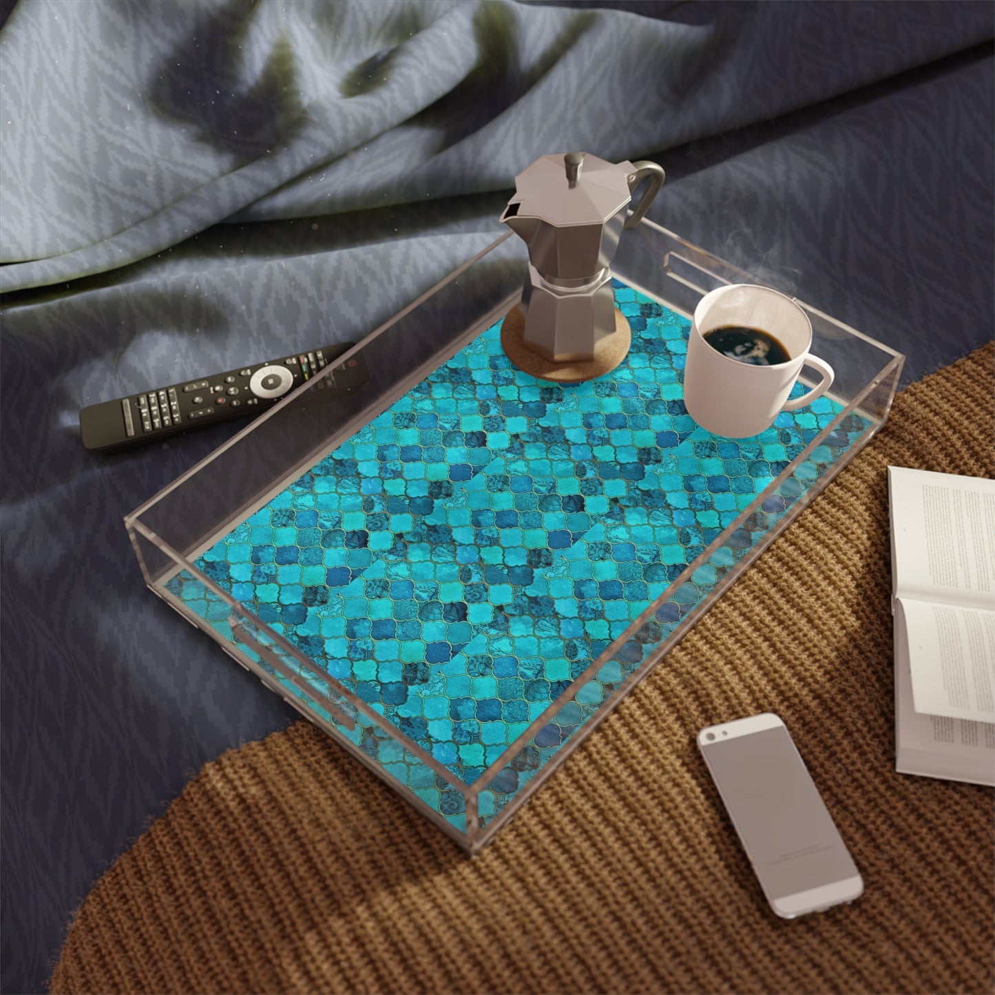 Teal and Turquoise Arabesque Tile Marrakech Moroccan Acrylic Serving Tray