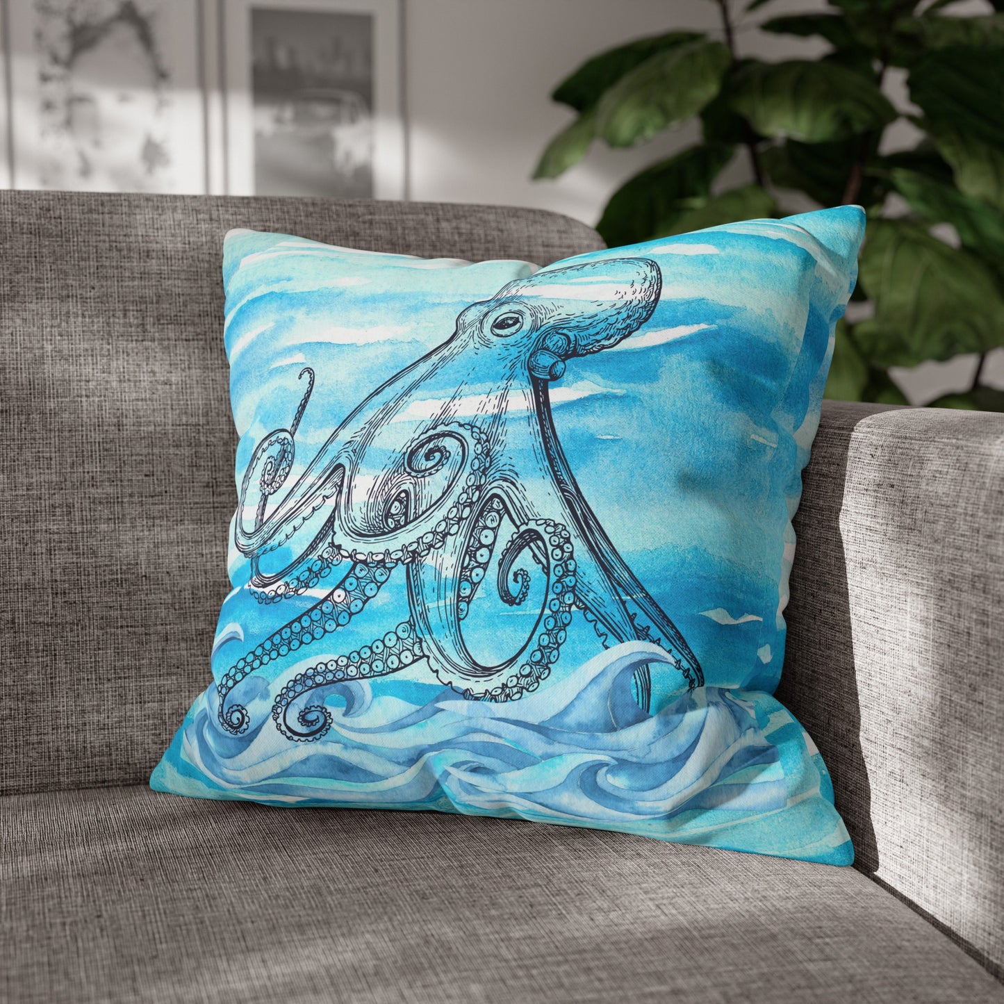 Coastal Summer Octopus Watercolor Square Poly Canvas Pillow Cover
