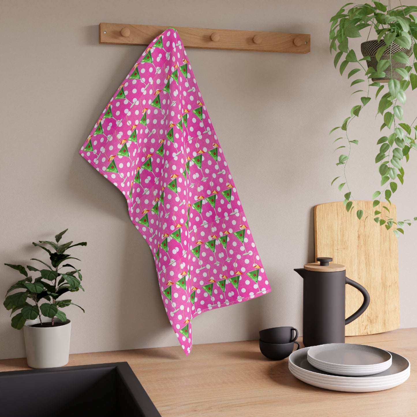 Pink Polka Dot Midcentury Modern Martini Pattern Kitchen Tea Towel/Bar Towel