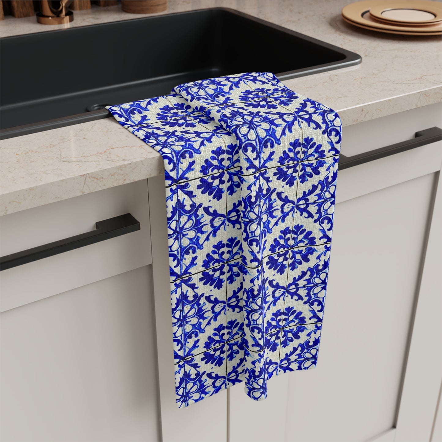 Portuguese Summer Blue and White Floral Antique Tile Microfiber Waffle Tea Towel/Bar Towel