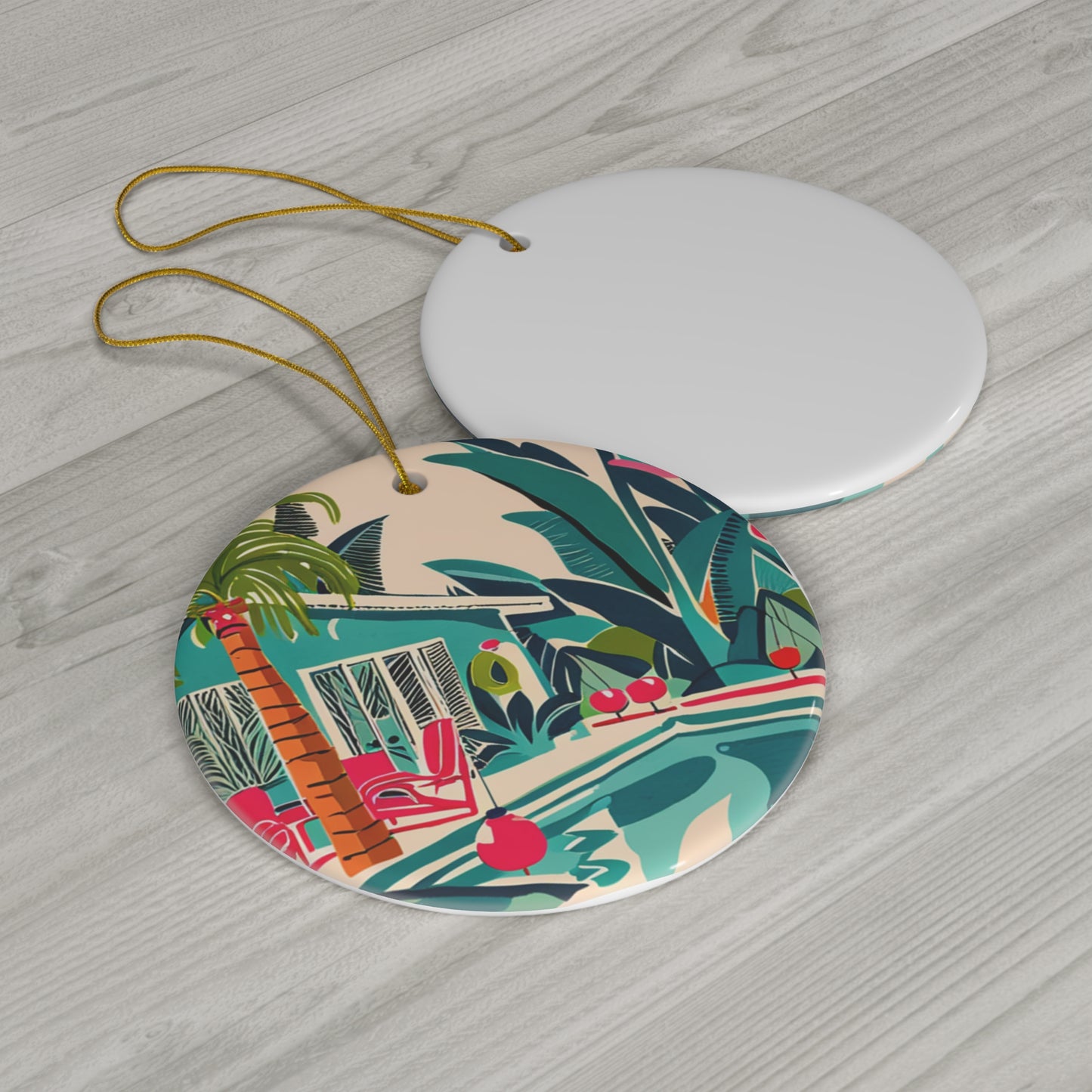 Miami Winter Poolside Midcentury Modern Palm Trees Tropical Flowers 1950 Illustration Ceramic Ornament