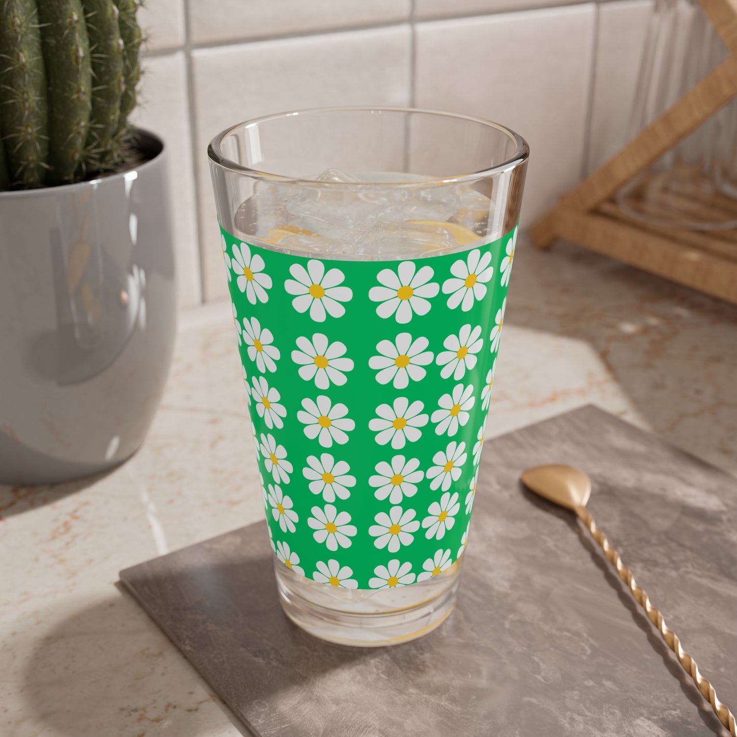 1968 Vintage Daisies Green Cocktail Party Beverage Entertaining Mixing Glass, 16oz