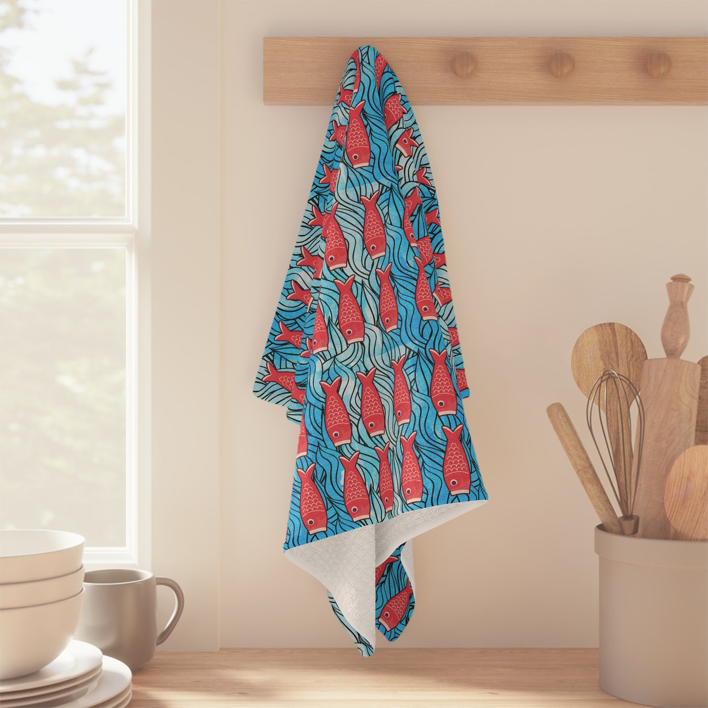 Koi Fish Waves Ocean Coastal Japanese Decorative Kitchen Waffle Microfiber Tea Towel/Bar Towel