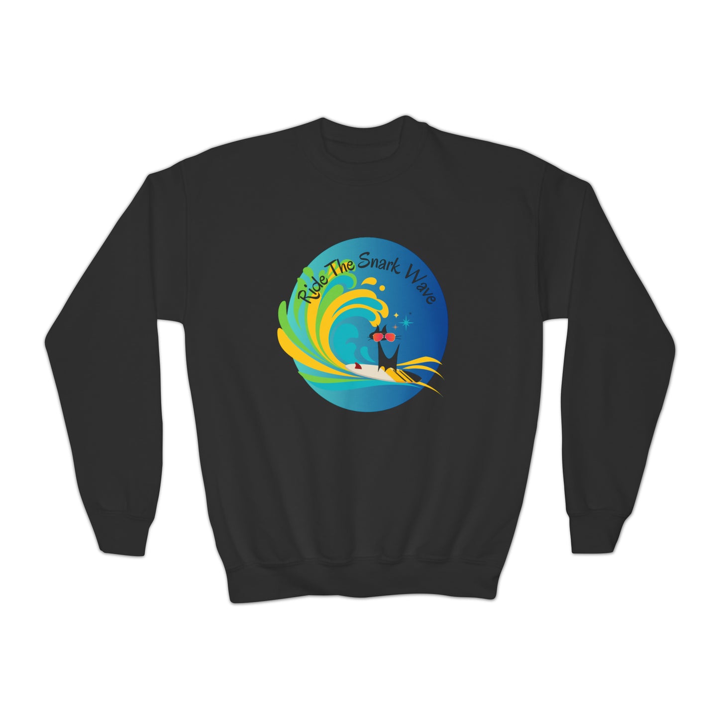 Ride the Snark Wave Surfing Ocean Waves Surfboard Hang Ten Summertime Youth Crewneck Sweatshirt