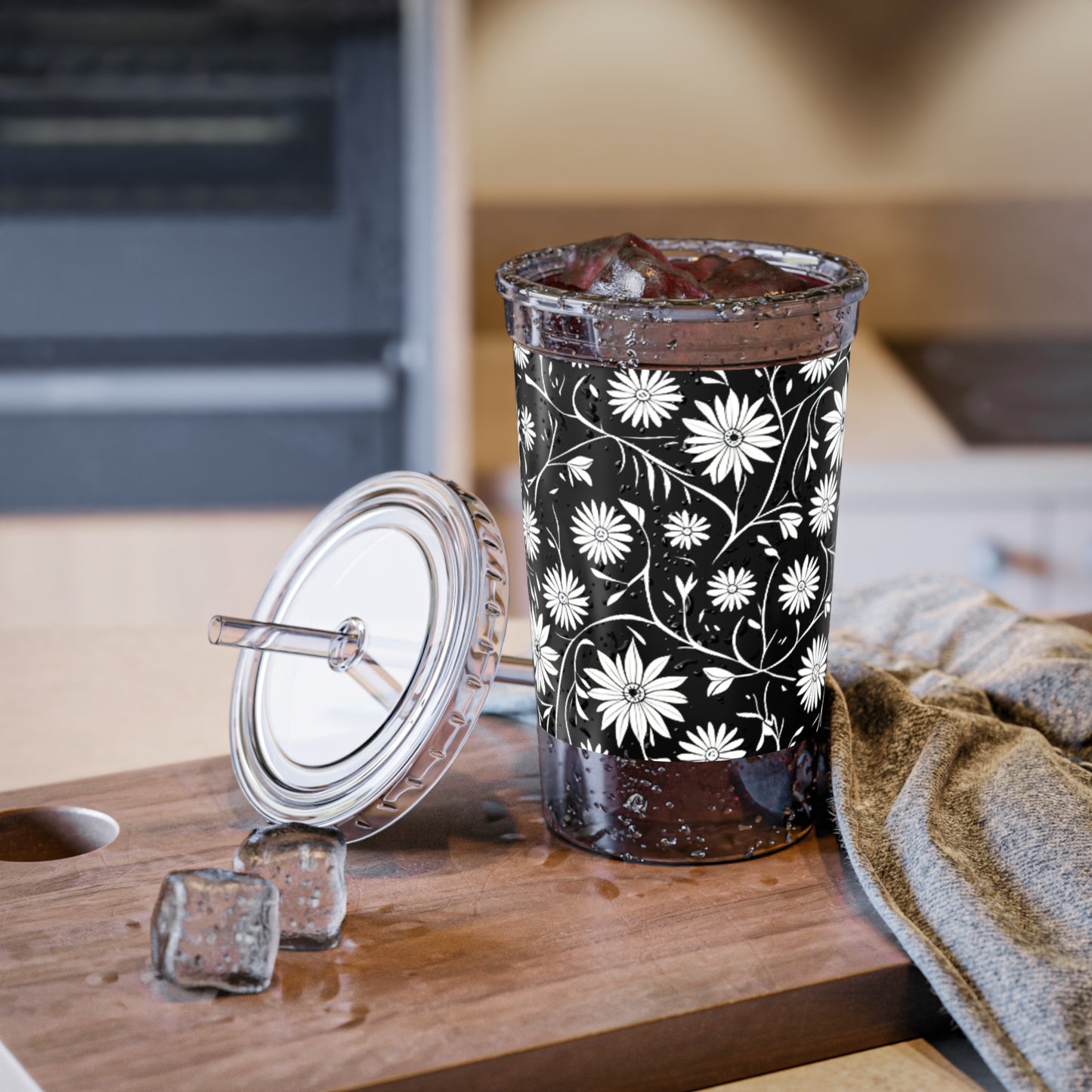 Field of Scandinavian Black and White Daisies 1970s Floral Pattern Decorative Beverage Travel Suave Acrylic Cup