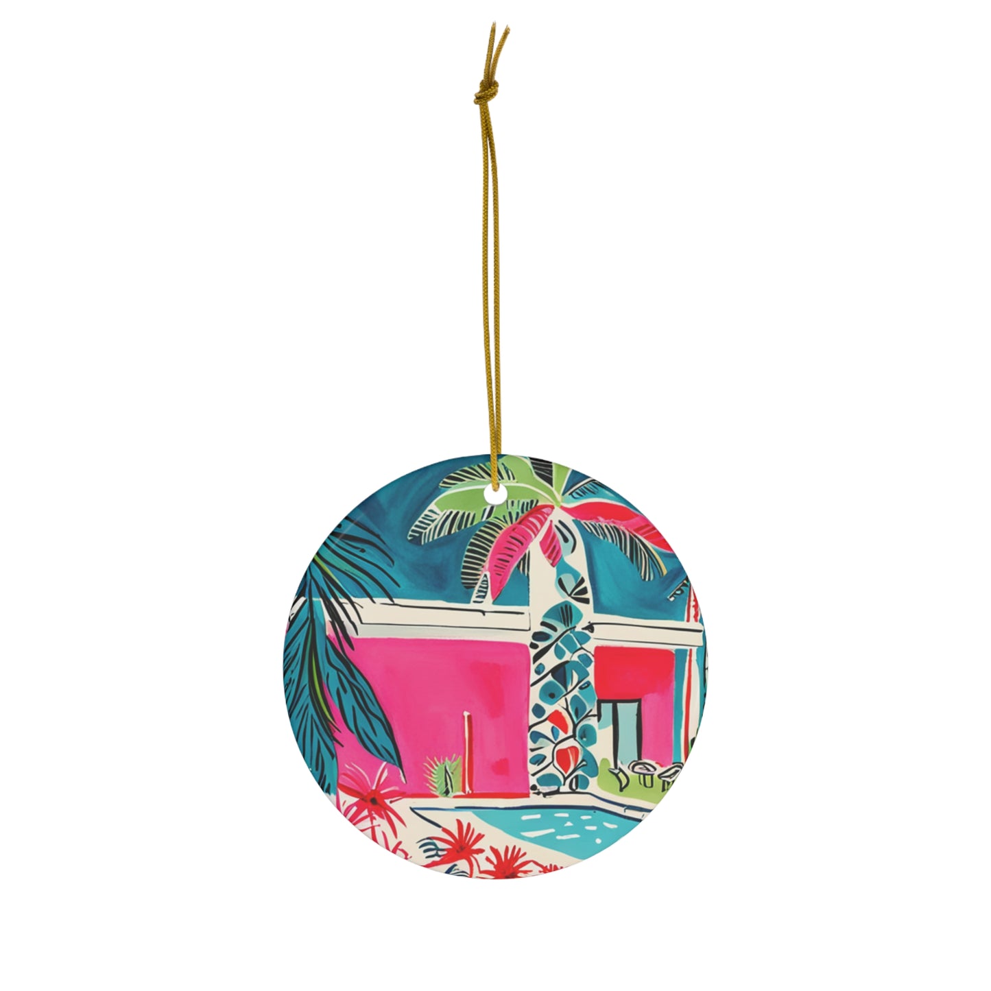 Midcentury Modern Cabana Miami Winter Pink Palm Trees Poolside Decoration Sunshine State Ceramic Ornament
