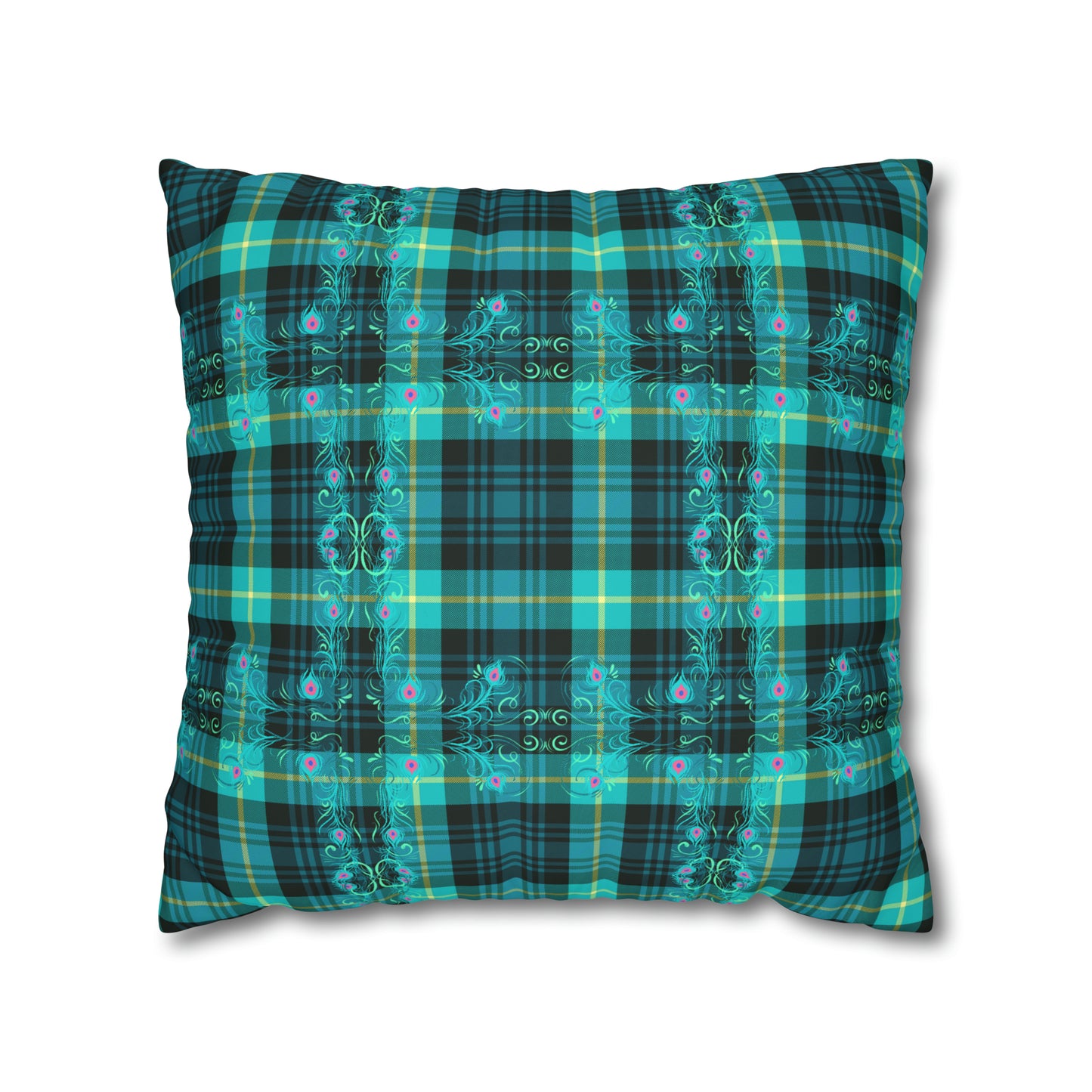 Tartan Plaid Peacock Feather Teal Greens Decorative Spun Polyester Pillow Cover