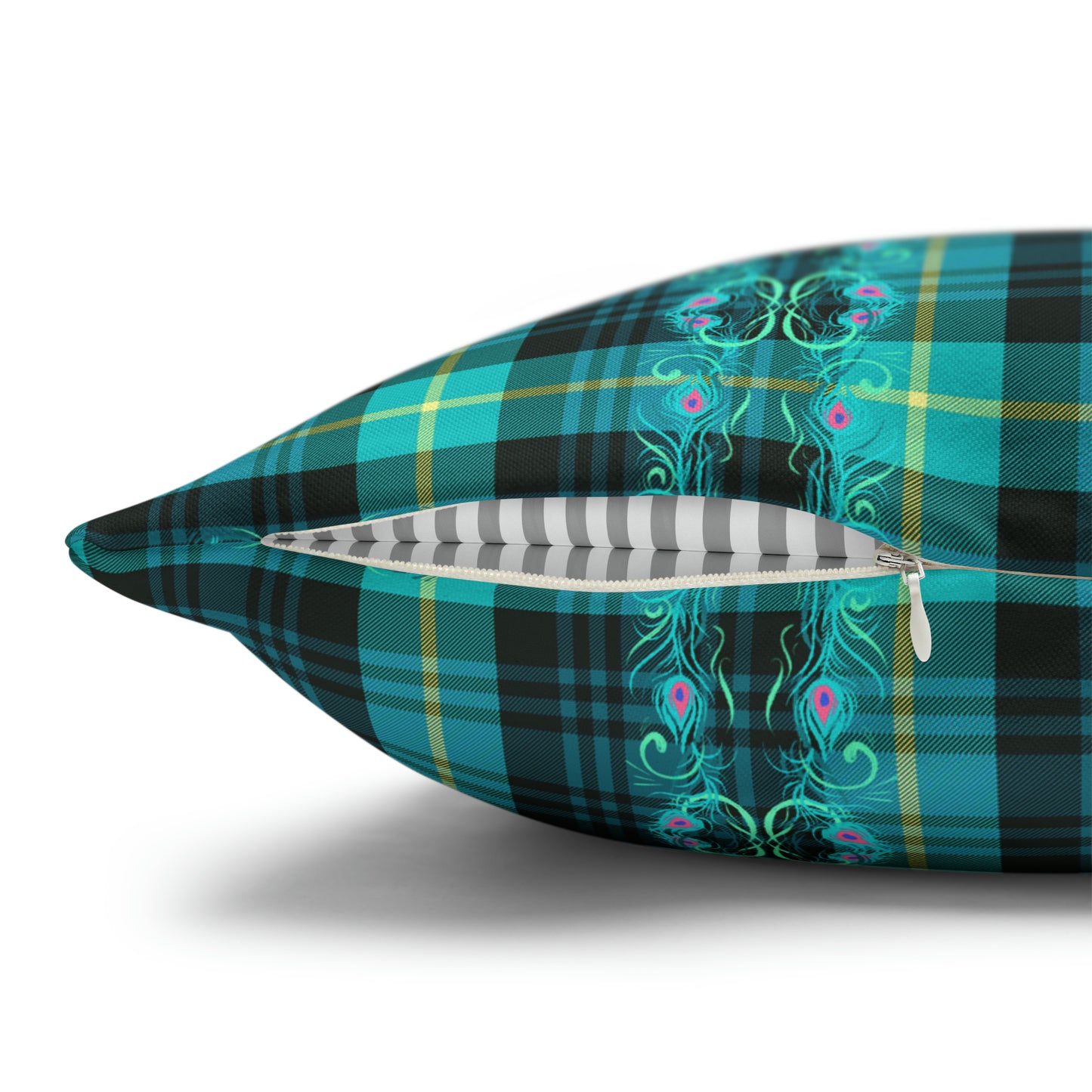 Tartan Plaid Peacock Feather Teal Greens Decorative Spun Polyester Pillow Cover
