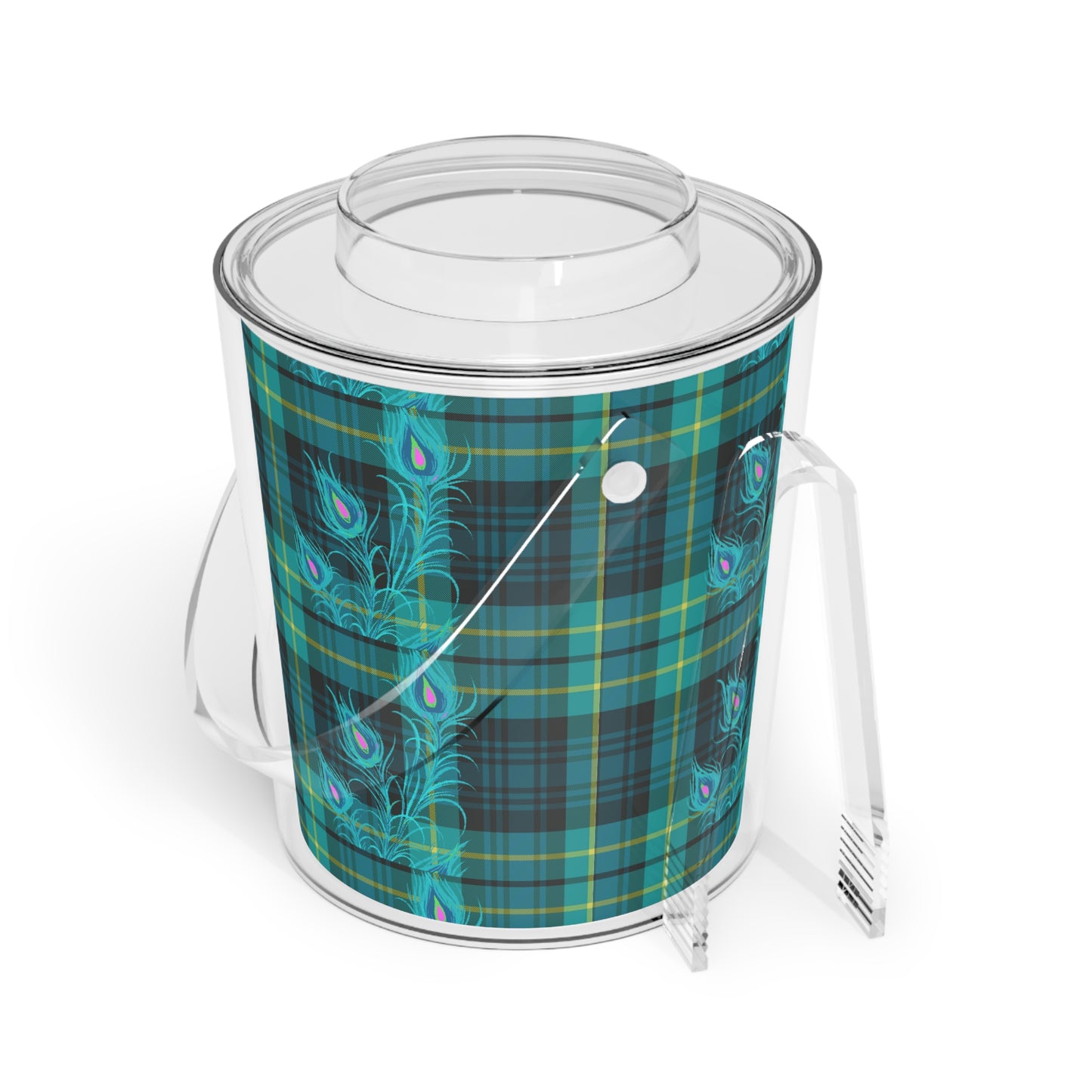 Tartan Plaid Peacock Feather Ice Bucket with Tongs