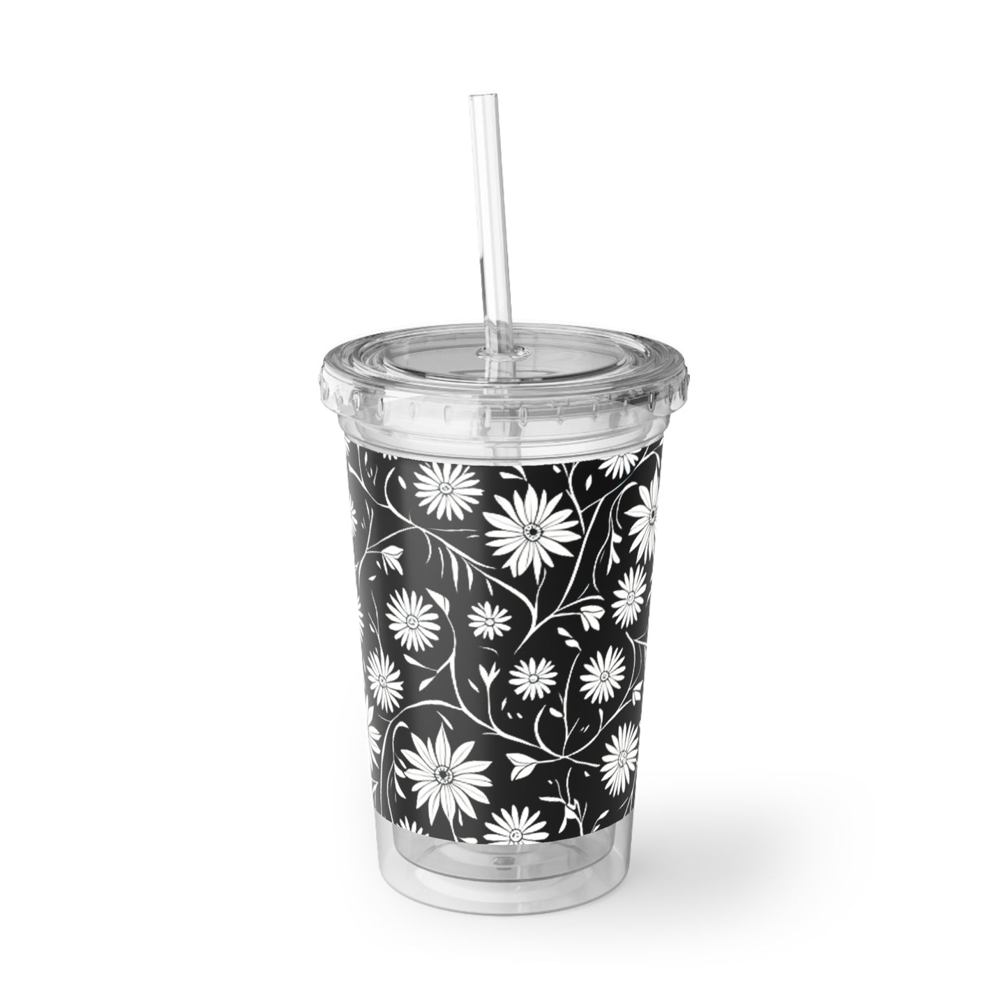 Field of Scandinavian Black and White Daisies 1970s Floral Pattern Decorative Beverage Travel Suave Acrylic Cup