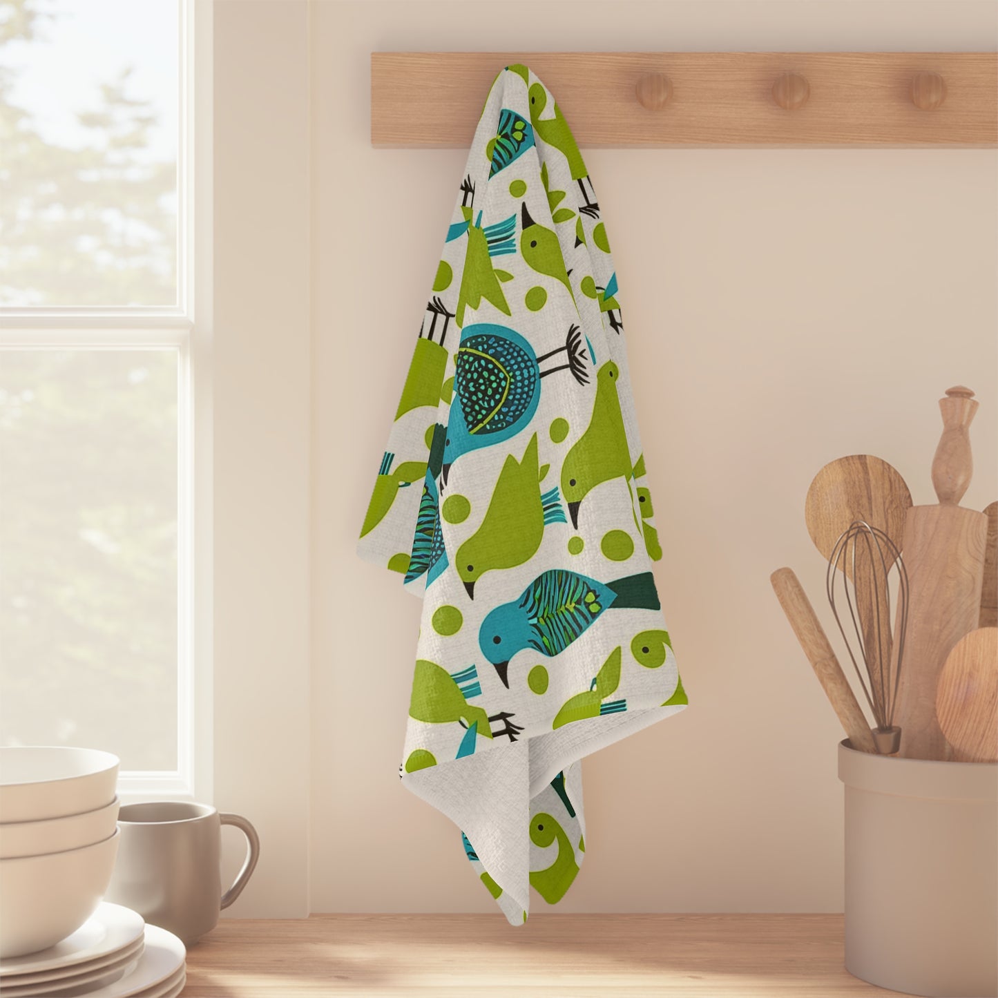Springtime Birds in the Piazza Midcentury Modern Pattern Kitchen Waffle Microfiber Tea Towel/Bar Towel