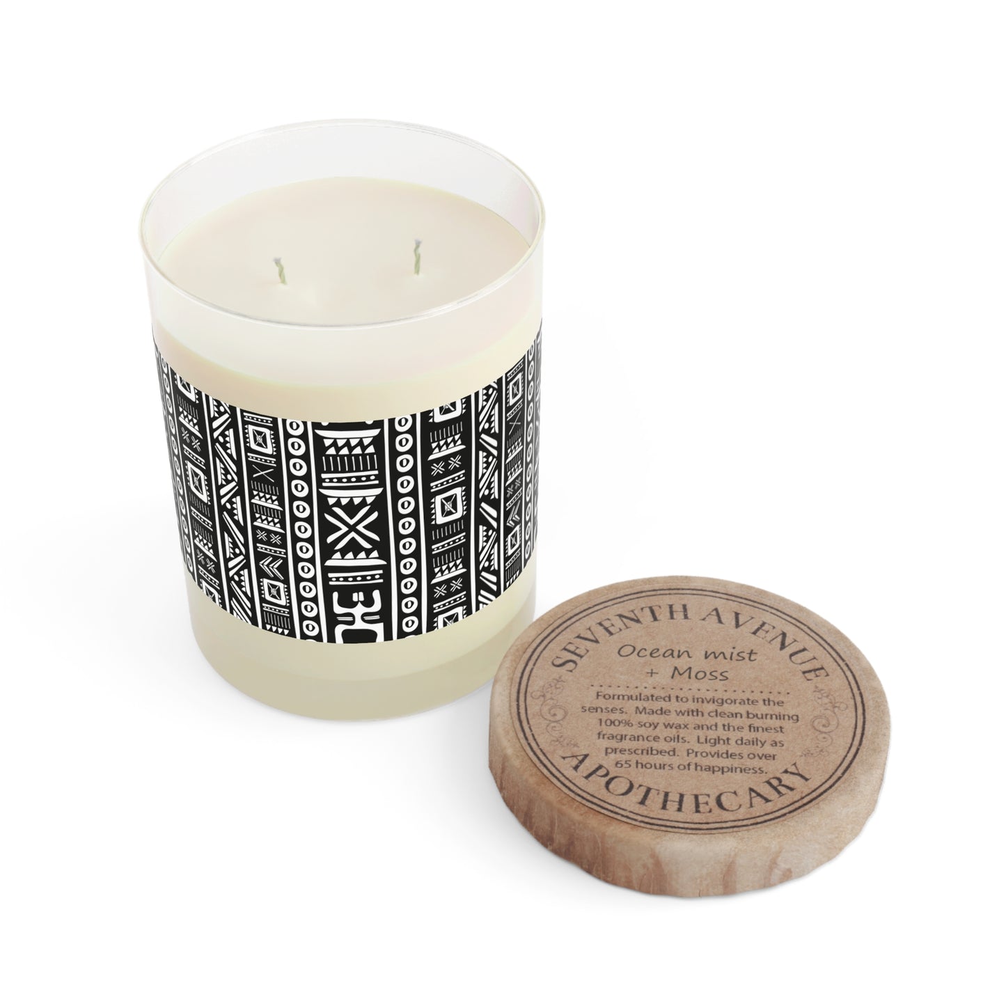 Tribal Vibrations Black and White Pattern Aromatherapy Essential Oils Natural Scented Candle - Full Glass, 11oz