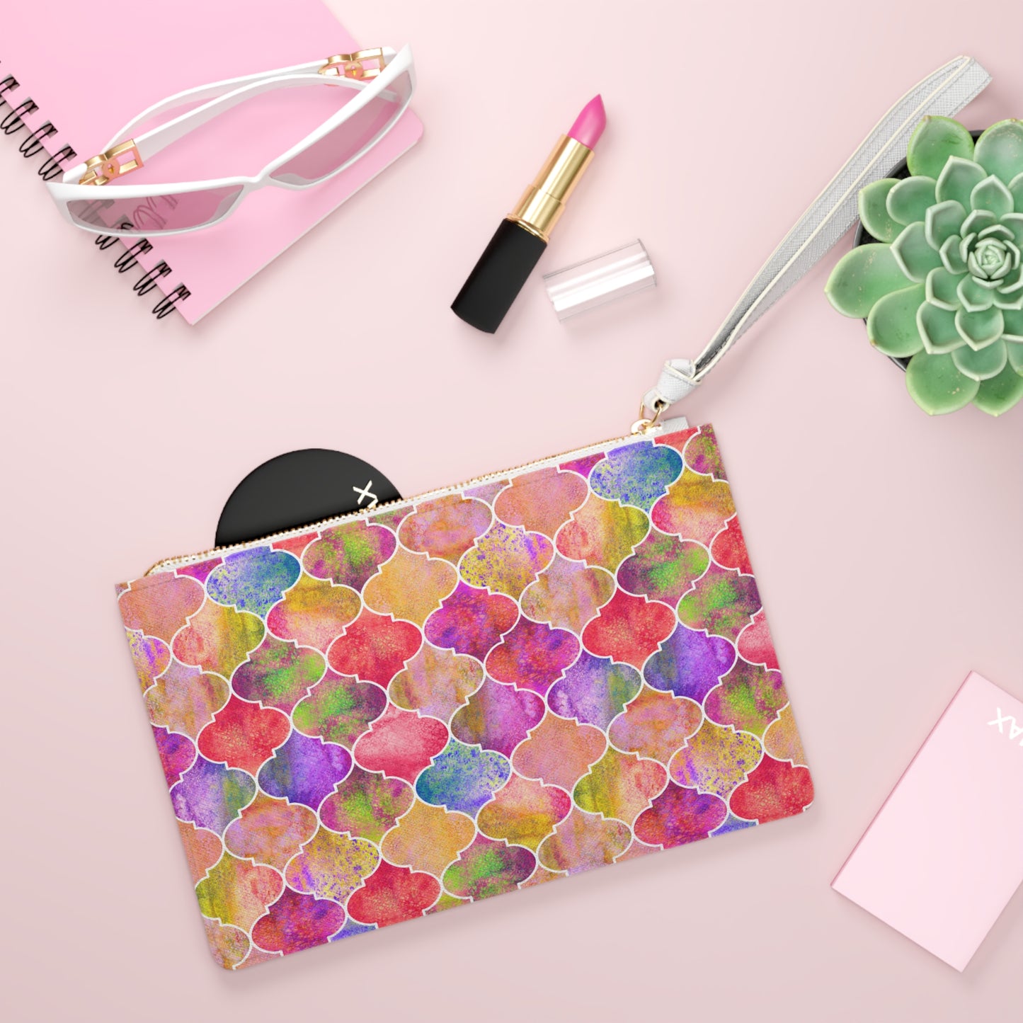 Arabesque Tile Marrakech Moroccan Multi Colored Pink Vegan Leather Errands Evening Pouch Clutch Bag