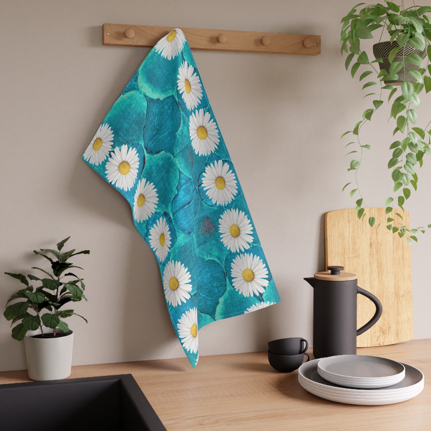 SageDaisy Living Logo Pattern Turquoise Arabesque Moroccan Tile Decorative Kitchen Tea Towel/Bar Towel