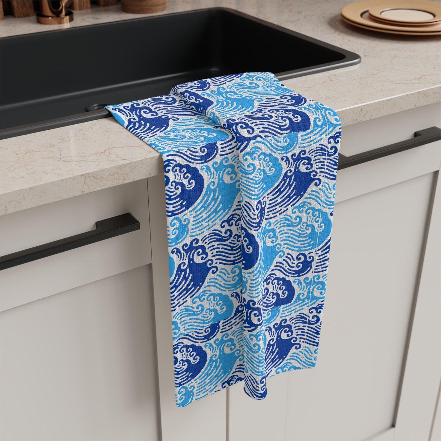 Ming Dynasty Waves Blue and White Chinese Woodblock Print Decorative Kitchen Waffle Microfiber Waffle Tea Towel/Bar Towel