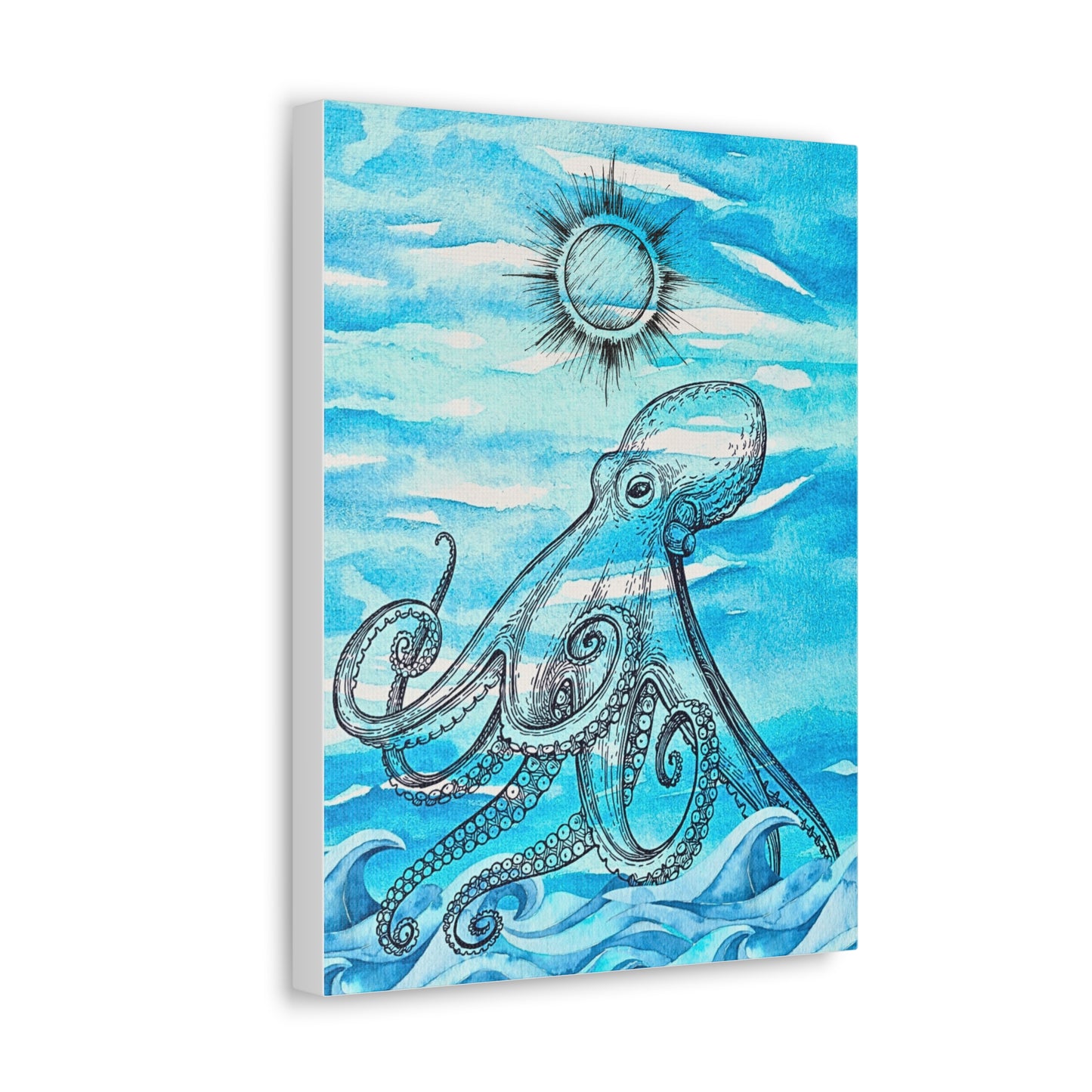 Coastal Summer Octopus Watercolor Art Canvas Gallery Wraps