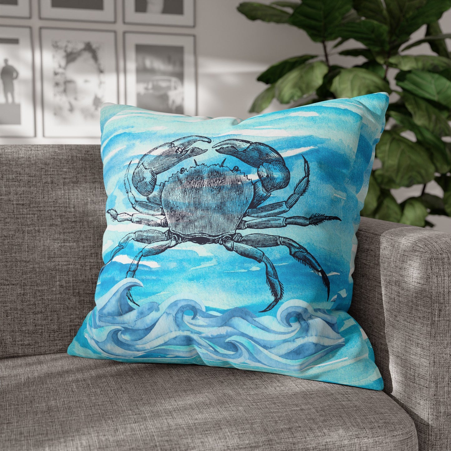 Coastal Summer Crab Watercolor Square Poly Canvas Pillow Cover