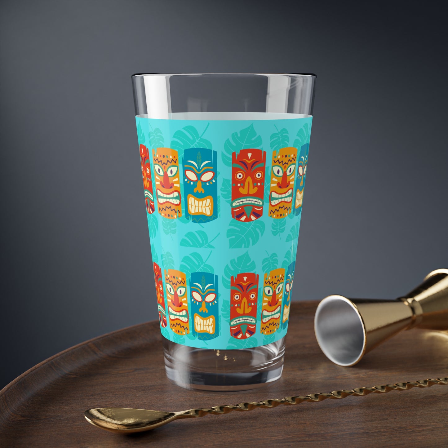 Tiki Tiki Tiki Lounge Midcentury Modern Polynesian Tropical Pattern Cocktail Party Entertaining Juice Ice Tea Mixing Glass, 16oz