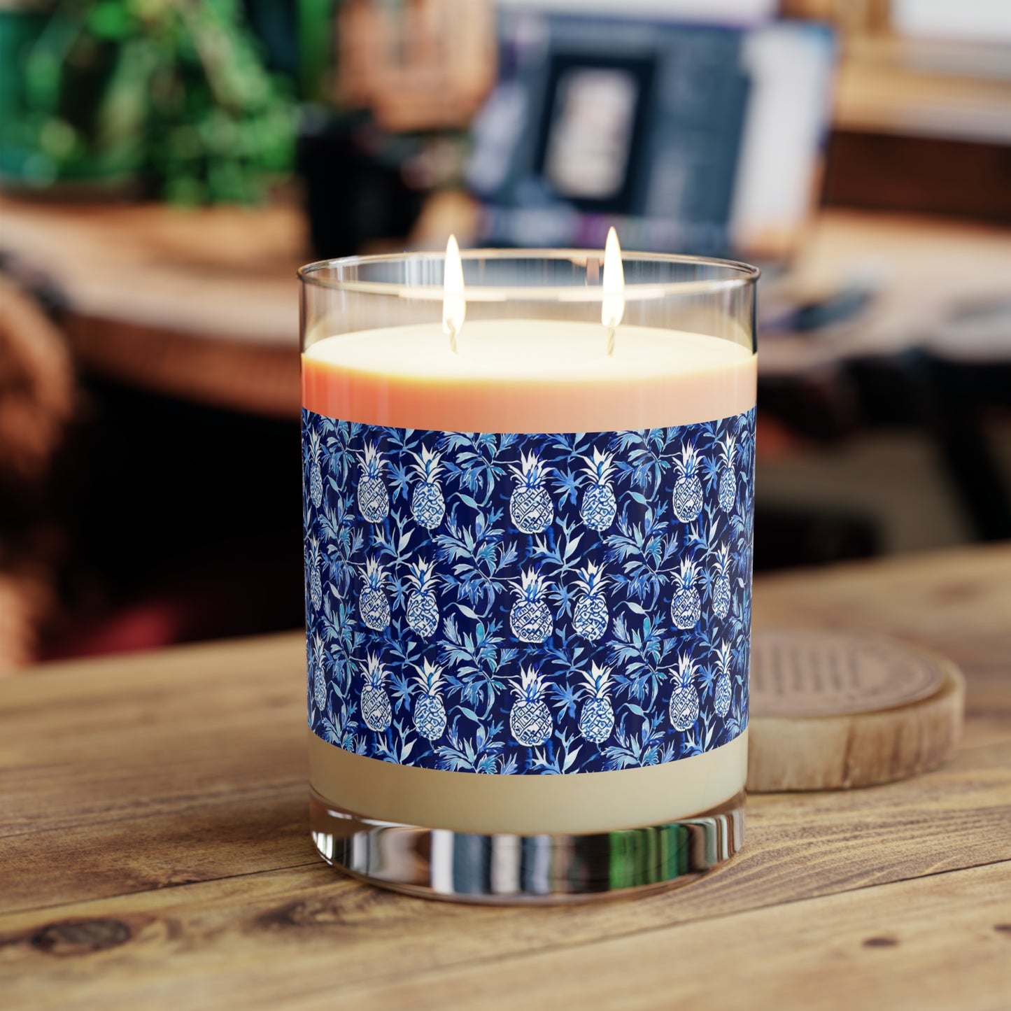 Blue and White Pineapple Batik Aromatherapy Essential Oils Natural Scented Candle - Full Glass, 11oz